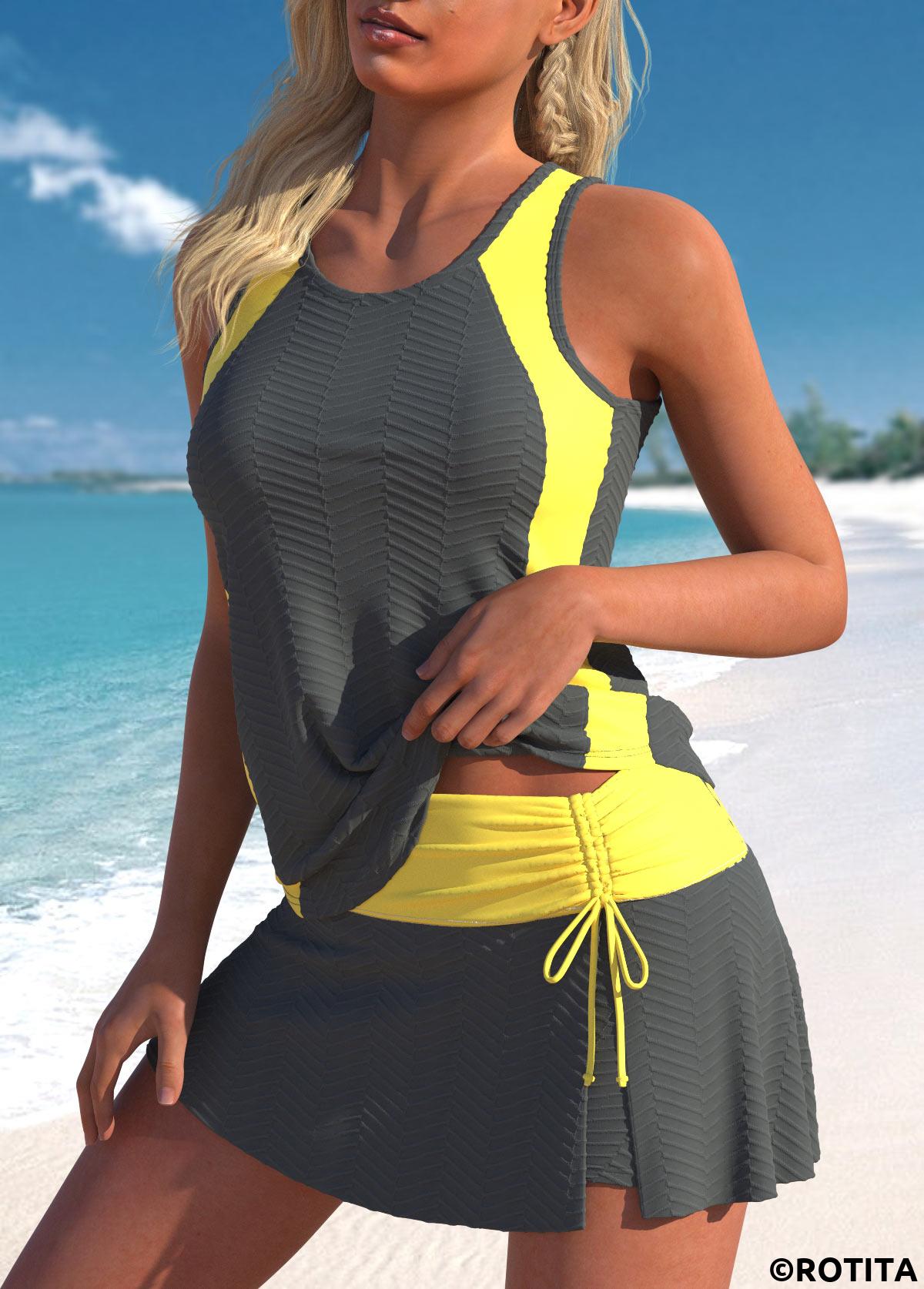 Grey swimwear,Yellow swimwear,Contrast Color swimwear,ROTITA Cut Out Drawstring Grey Tankini Set