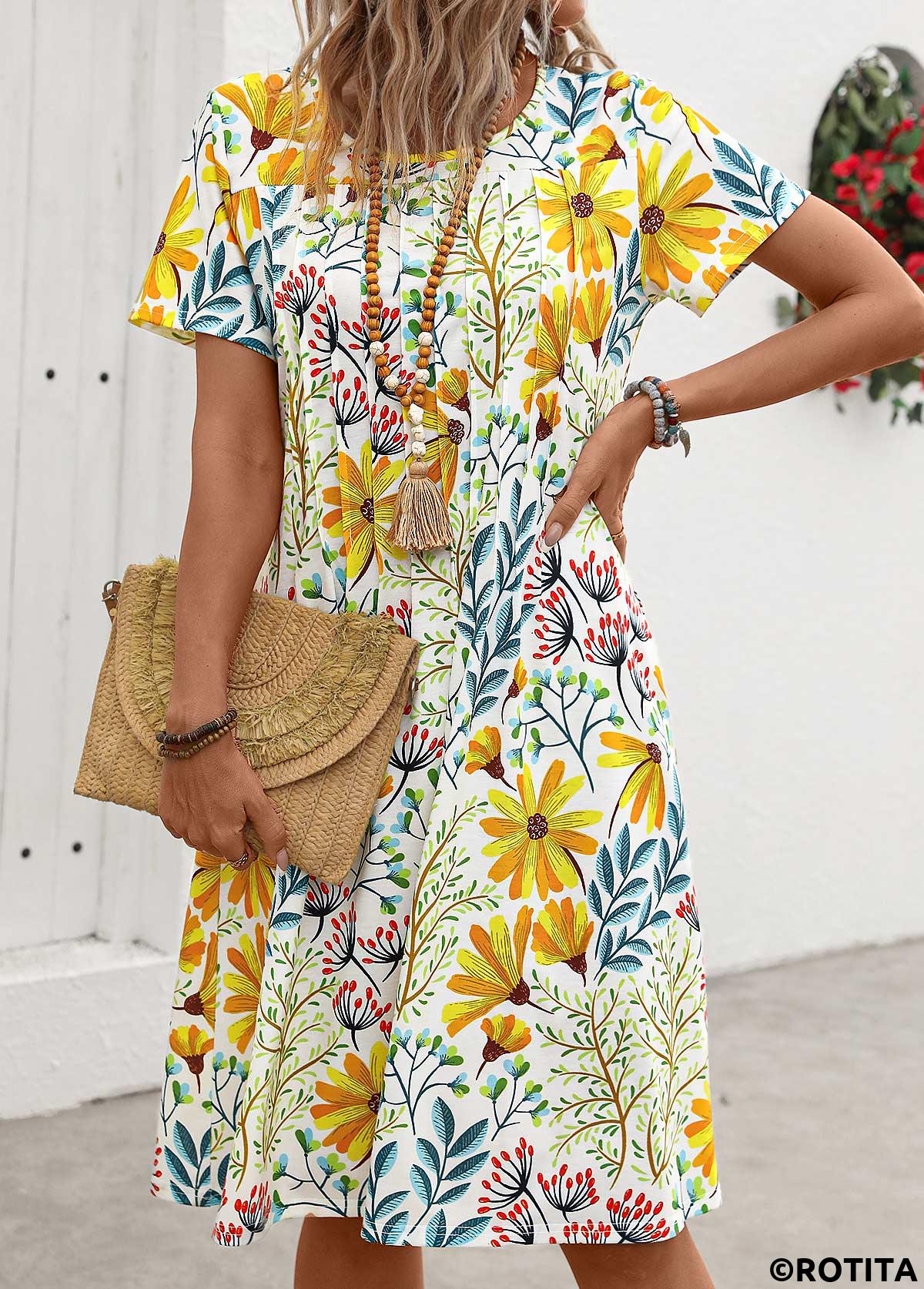 robe jaune à manches courtes et col rond à imprimé floral et poche