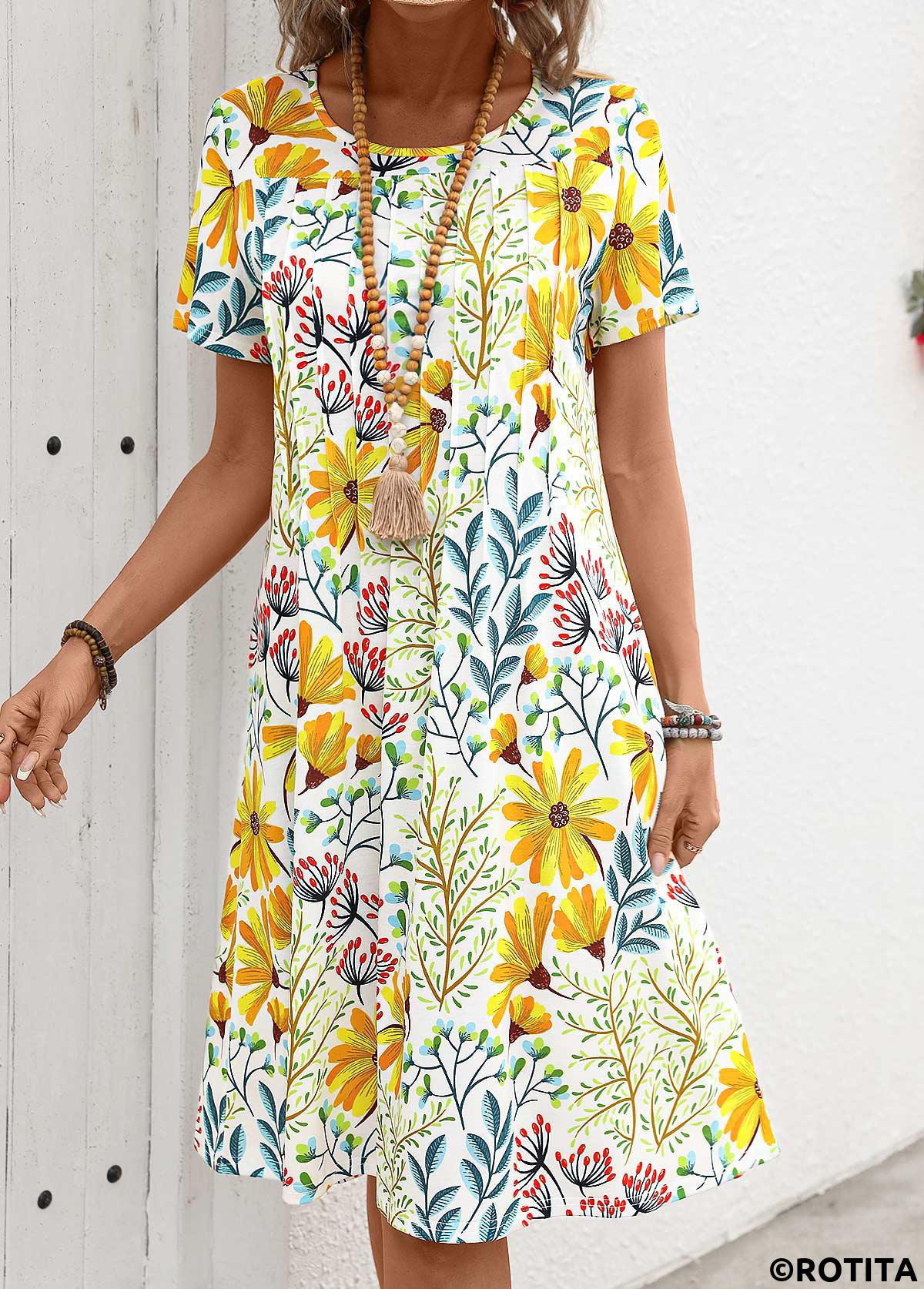 robe jaune à manches courtes et col rond à imprimé floral et poche