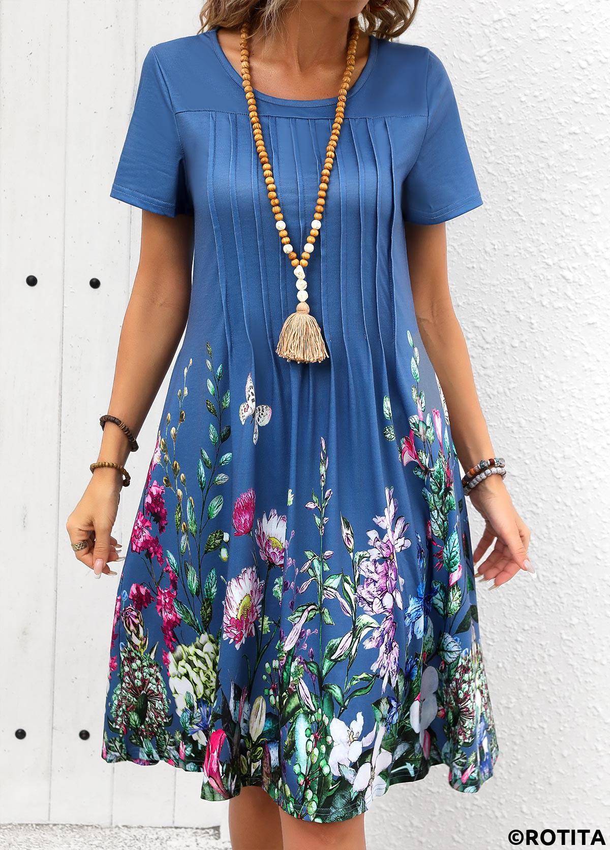 Denim Blue dresses,Floral dresses,Plants dresses,Everyday dresses,Casual dresses,Tuck Stitch Floral Print Denim Blue Round Neck Dress