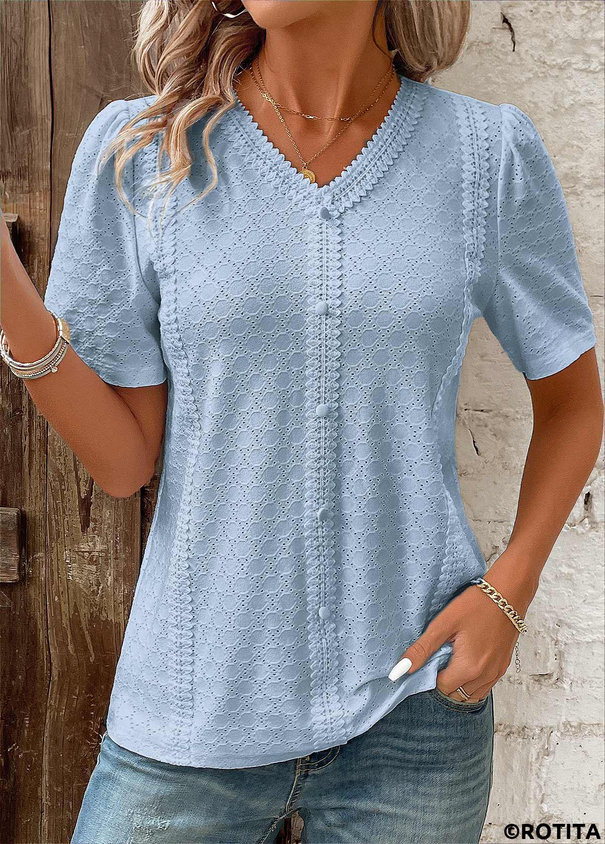 Blue tops,Plain Color tops,ROTITA Patchwork Blue V Neck Short Sleeve Blouse