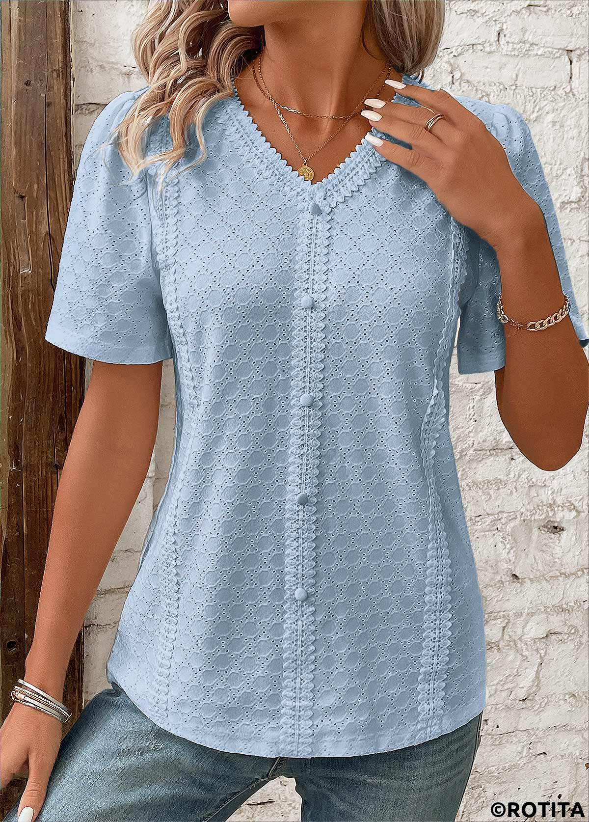 Blue tops,Plain Color tops,ROTITA Patchwork Blue V Neck Short Sleeve Blouse