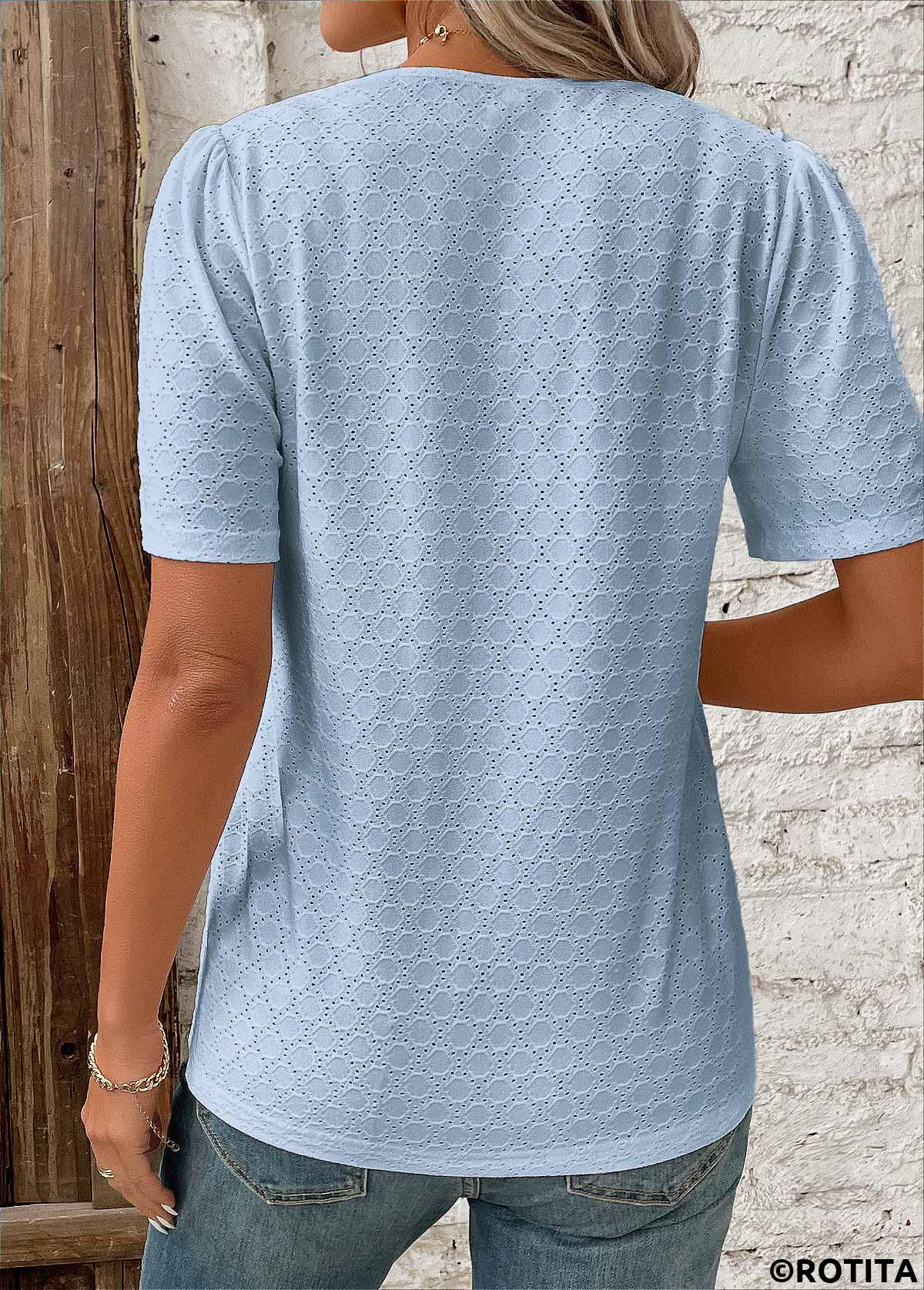 Blue tops,Plain Color tops,ROTITA Patchwork Blue V Neck Short Sleeve Blouse