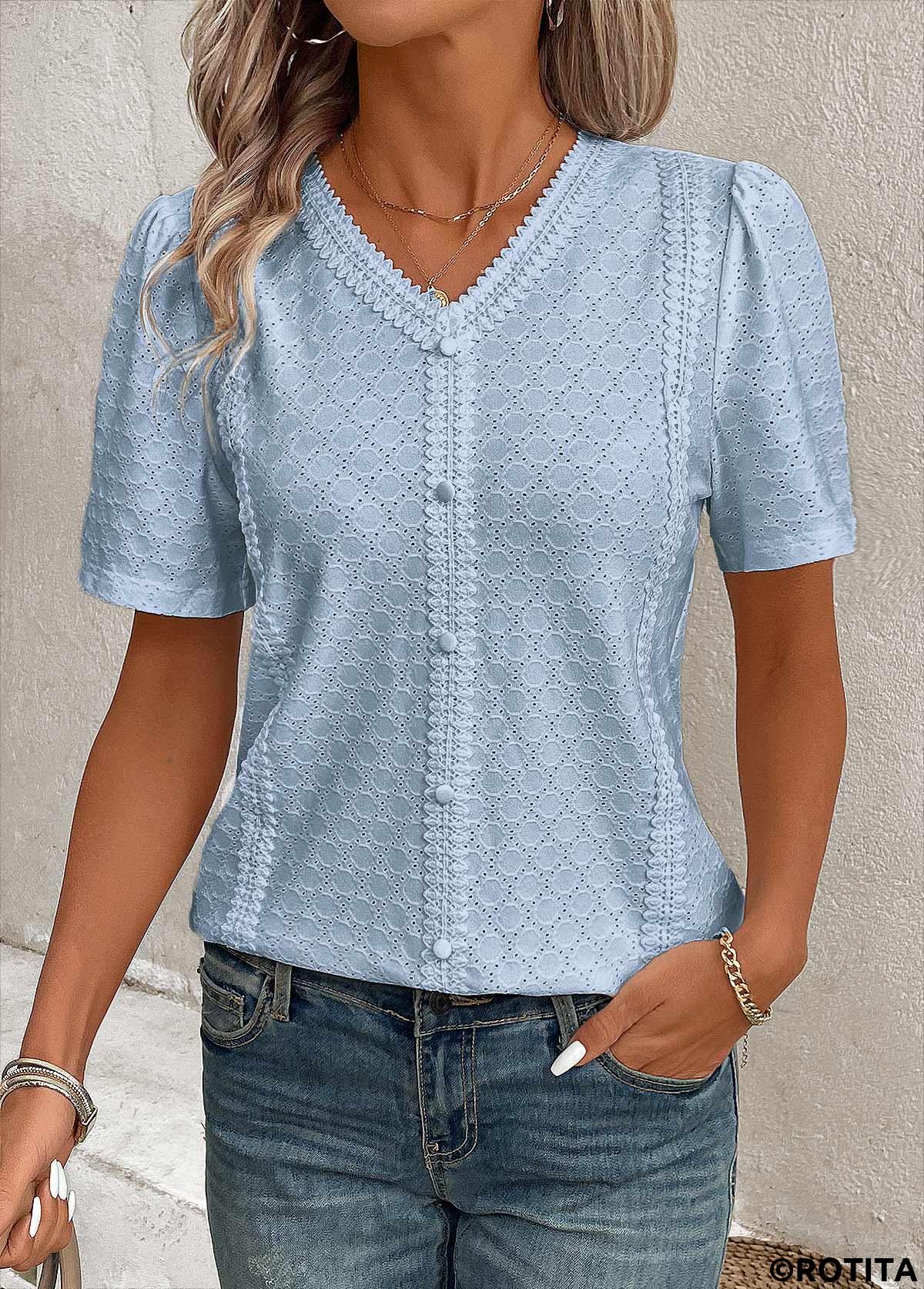 Blue tops,Plain Color tops,ROTITA Patchwork Blue V Neck Short Sleeve Blouse