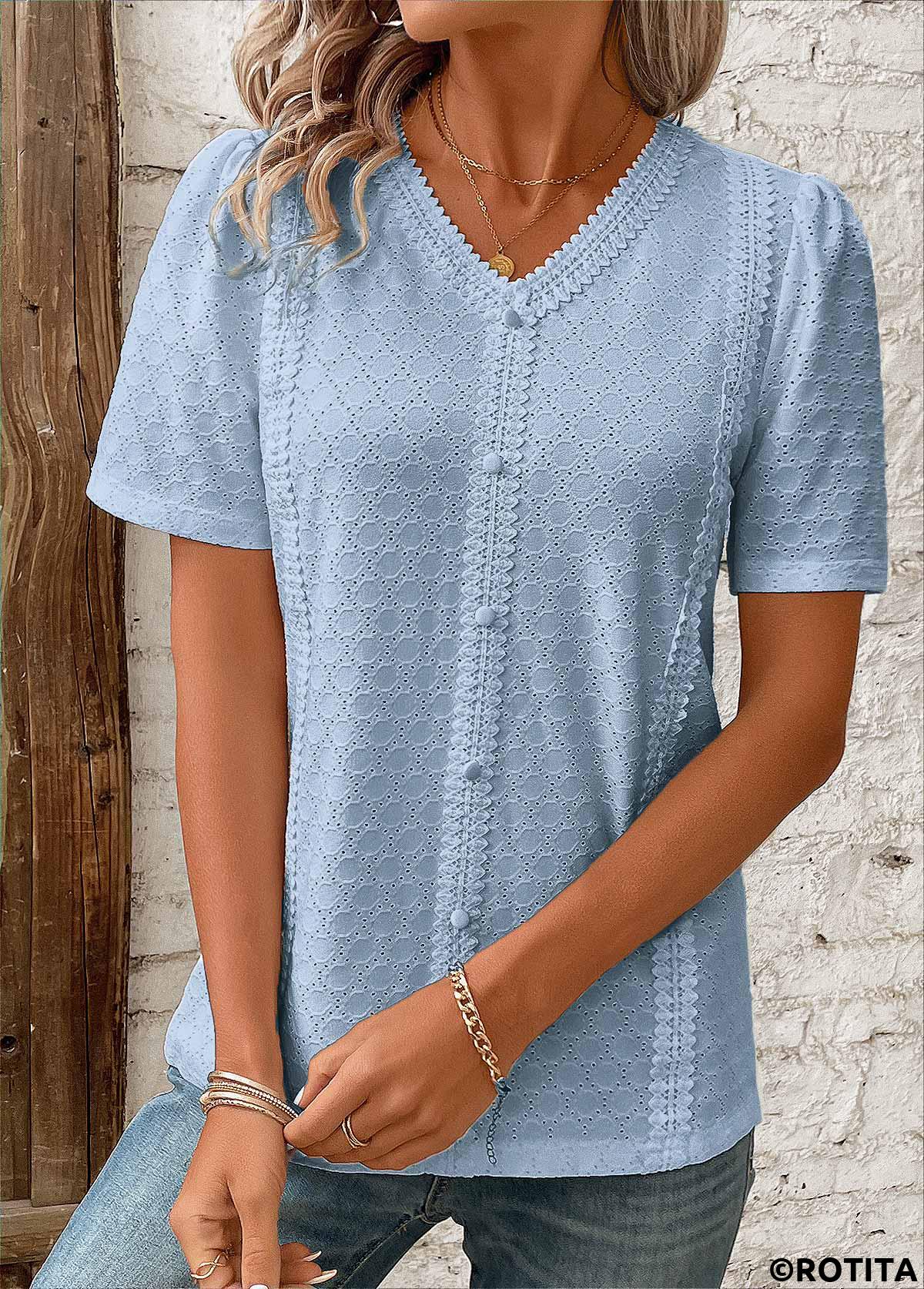 Blue tops,Plain Color tops,ROTITA Patchwork Blue V Neck Short Sleeve Blouse