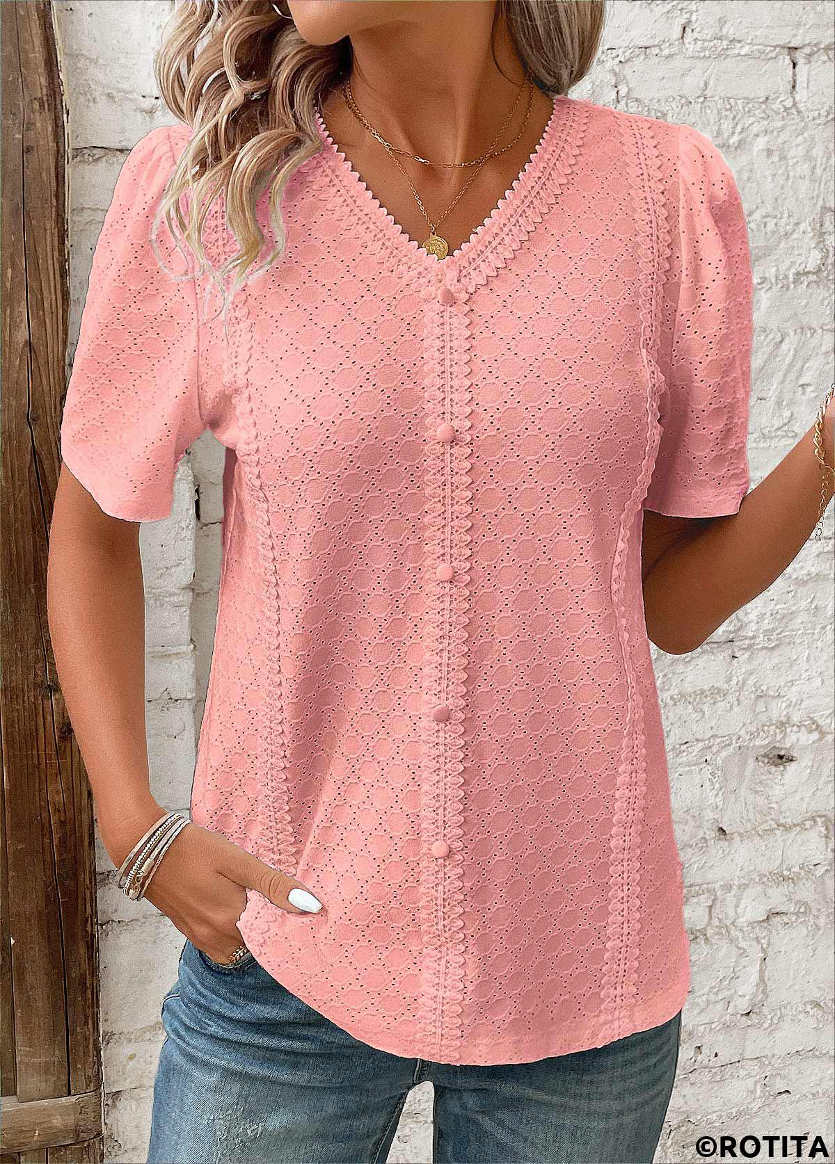 Pink tops,Plain Color tops,ROTITA Patchwork Pink V Neck Short Sleeve Blouse
