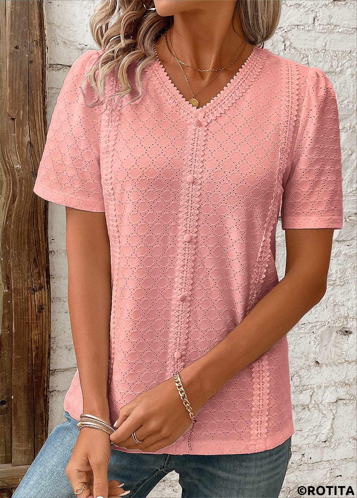 Pink tops,Plain Color tops,ROTITA Patchwork Pink V Neck Short Sleeve Blouse
