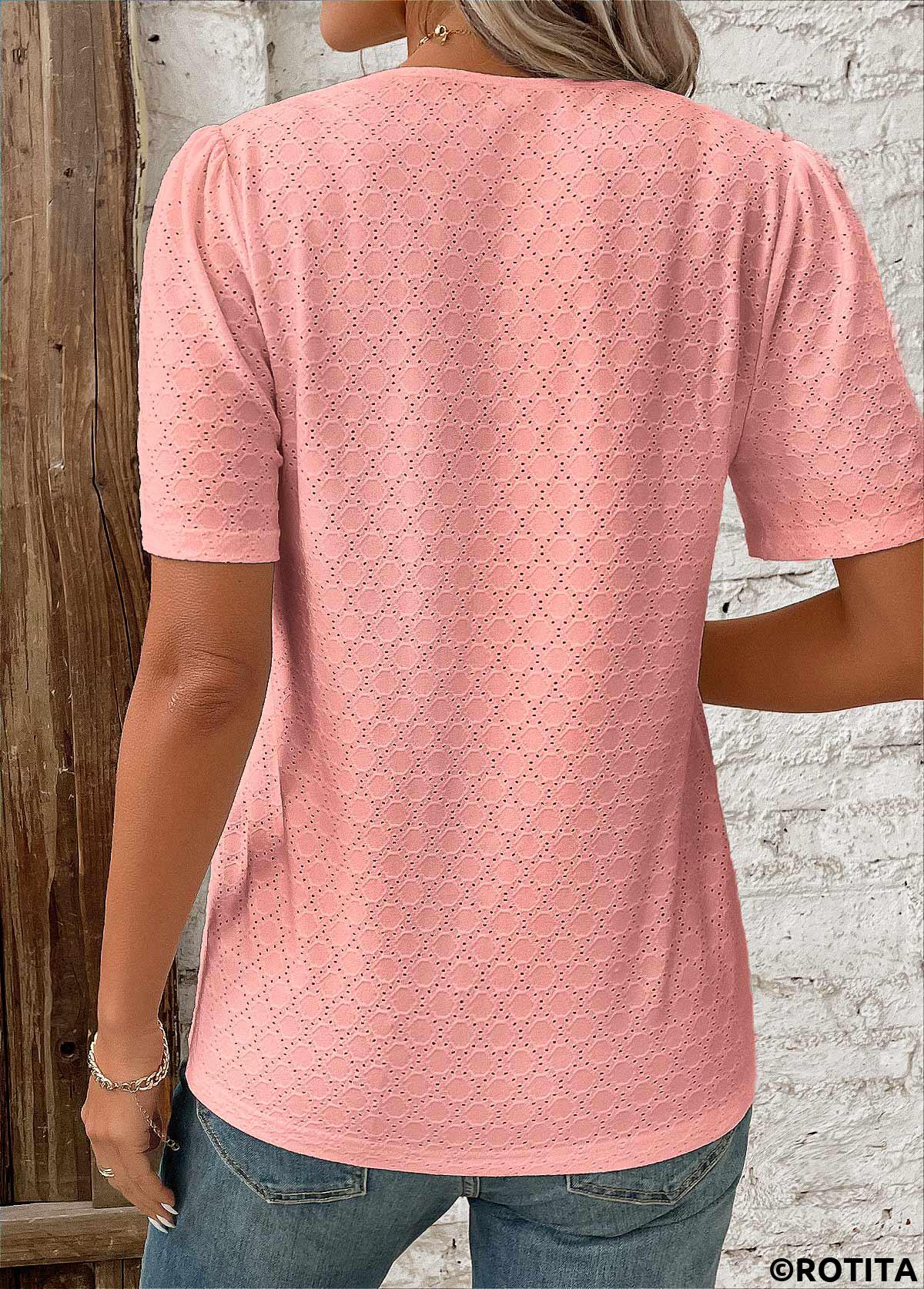 Pink tops,Plain Color tops,ROTITA Patchwork Pink V Neck Short Sleeve Blouse