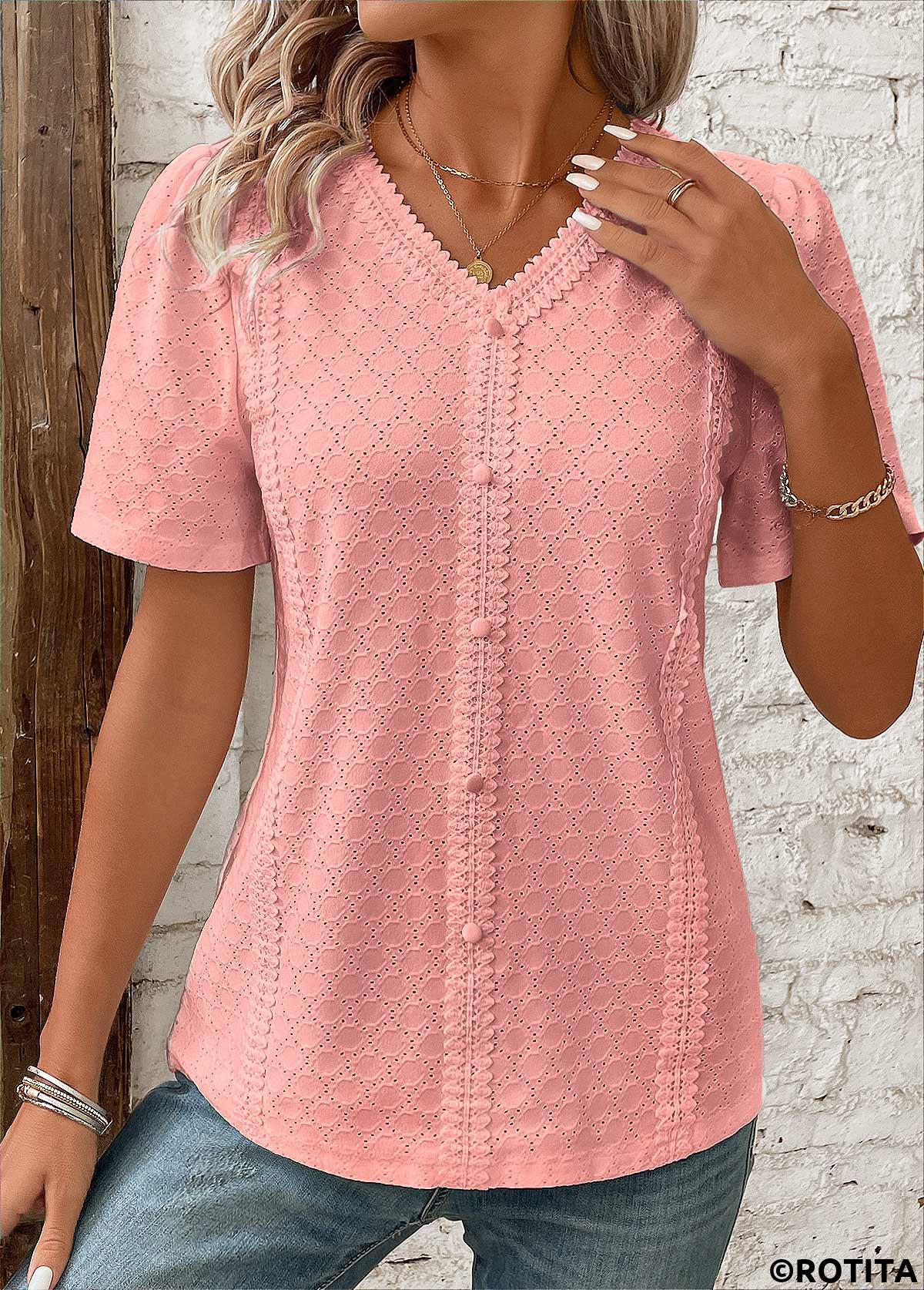 Pink tops,Plain Color tops,ROTITA Patchwork Pink V Neck Short Sleeve Blouse