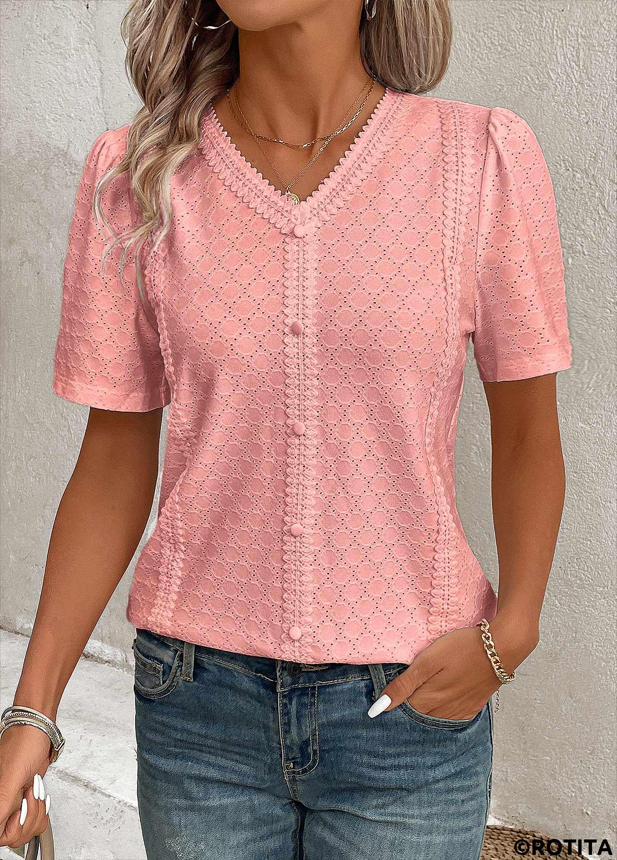 Pink tops,Plain Color tops,ROTITA Patchwork Pink V Neck Short Sleeve Blouse