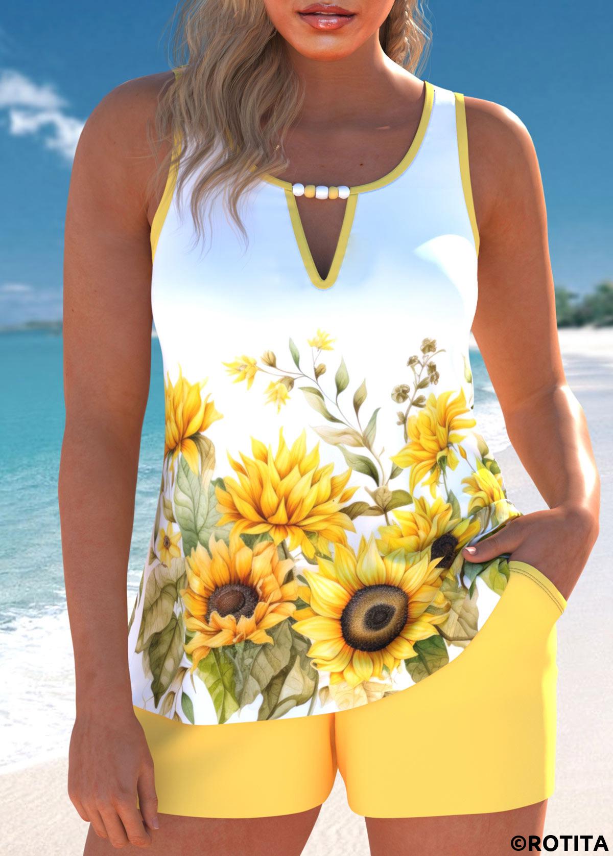 Light Yellow swimwear,White swimwear,Floral swimwear,Plants swimwear,ROTITA Cut Out Light Yellow Floral Print Tankini Set