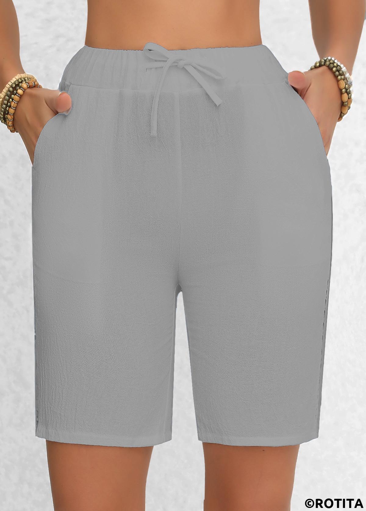 Light Grey bottoms,Plain Color bottoms,Patchwork Light Grey Regular Elastic Waist High Waisted Shorts