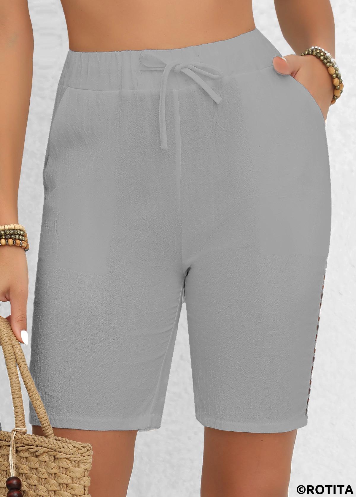 Light Grey bottoms,Plain Color bottoms,Patchwork Light Grey Regular Elastic Waist High Waisted Shorts