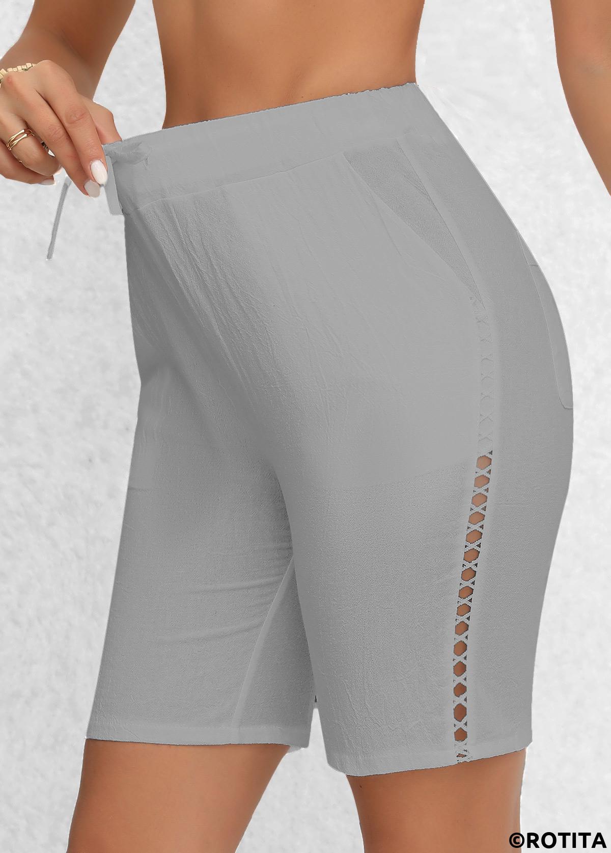 Light Grey bottoms,Plain Color bottoms,Patchwork Light Grey Regular Elastic Waist High Waisted Shorts