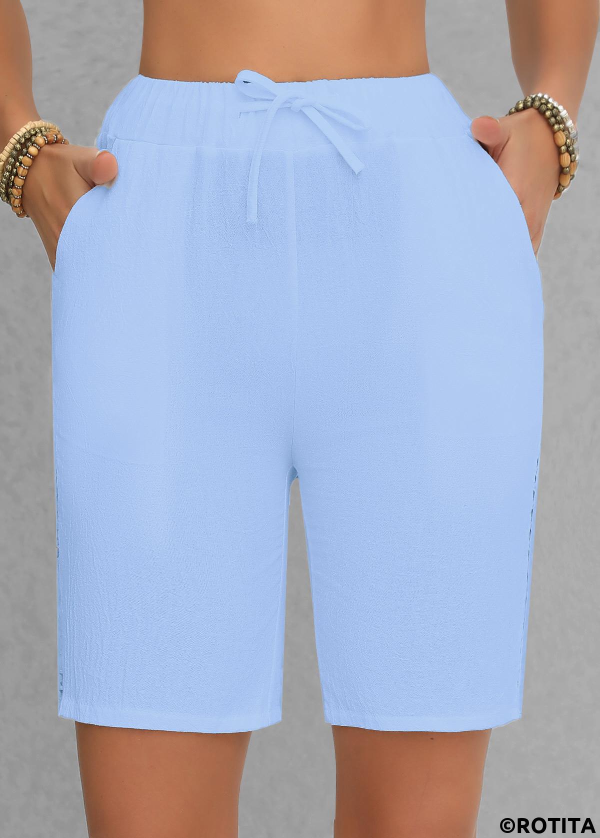Light Blue bottoms,Plain Color bottoms,Patchwork Light Blue Regular Elastic Waist High Waisted Shorts