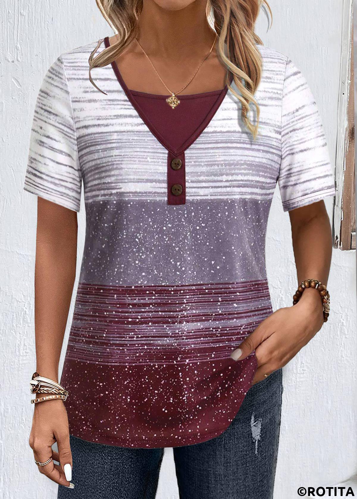 Multi Color tops,Striped tops,Geometric tops,ROTITA Button Striped Multi Color Square Neck T Shirt