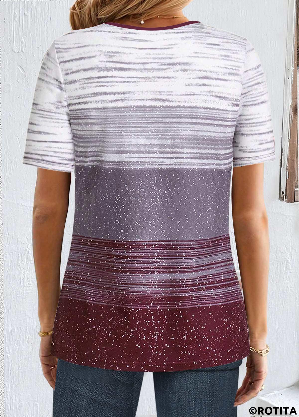 Multi Color tops,Striped tops,Geometric tops,ROTITA Button Striped Multi Color Square Neck T Shirt
