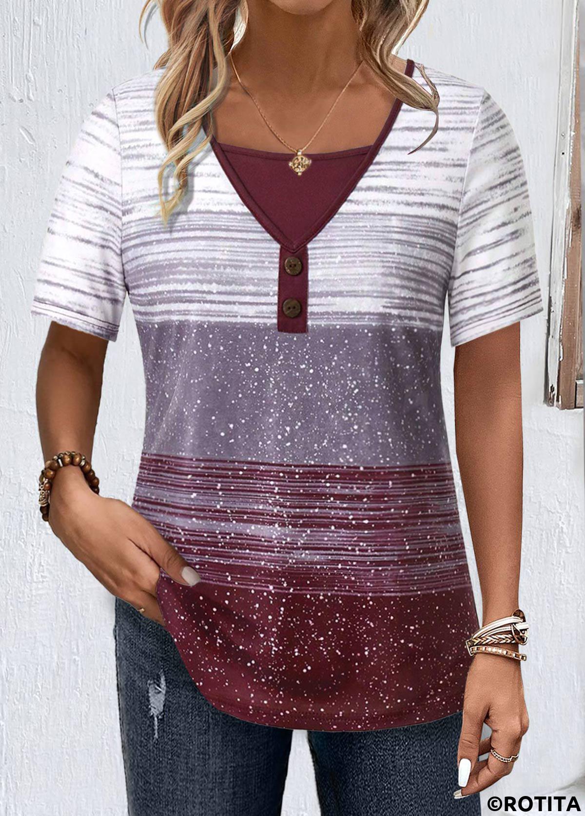 Multi Color tops,Striped tops,Geometric tops,ROTITA Button Striped Multi Color Square Neck T Shirt