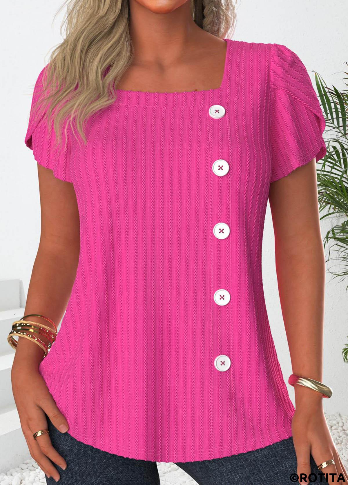 Hot Pink tops,Plain Color tops,ROTITA Button Hot Pink Square Neck Short Sleeve T Shirt