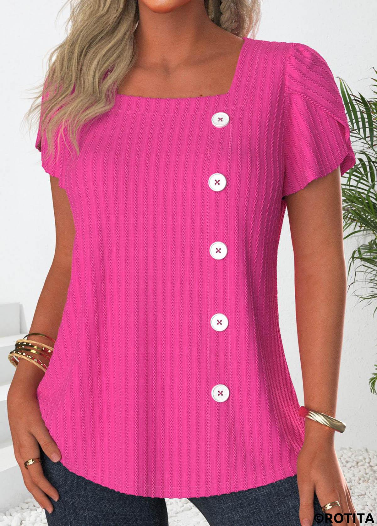 Hot Pink tops,Plain Color tops,ROTITA Button Hot Pink Square Neck Short Sleeve T Shirt