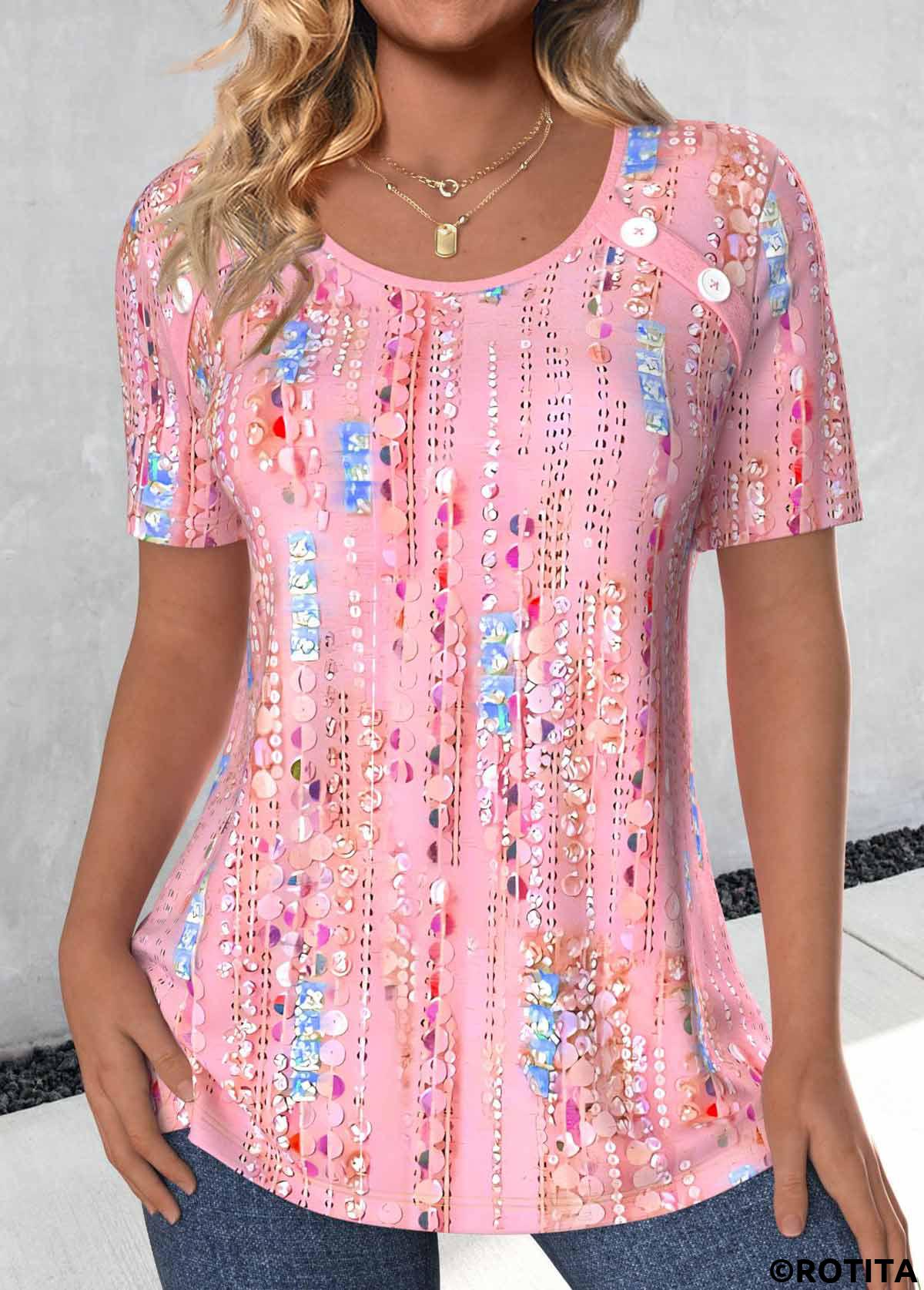ROTITA Button Pink Round Neck Short Sleeve T Shirt