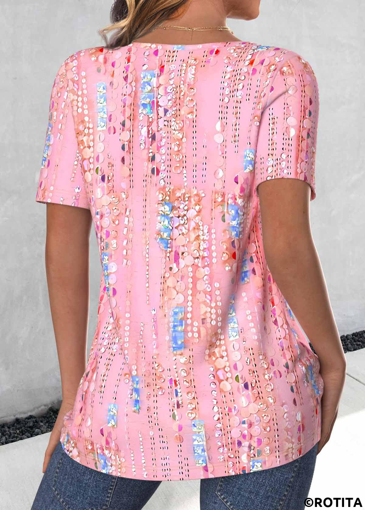 ROTITA Button Pink Round Neck Short Sleeve T Shirt