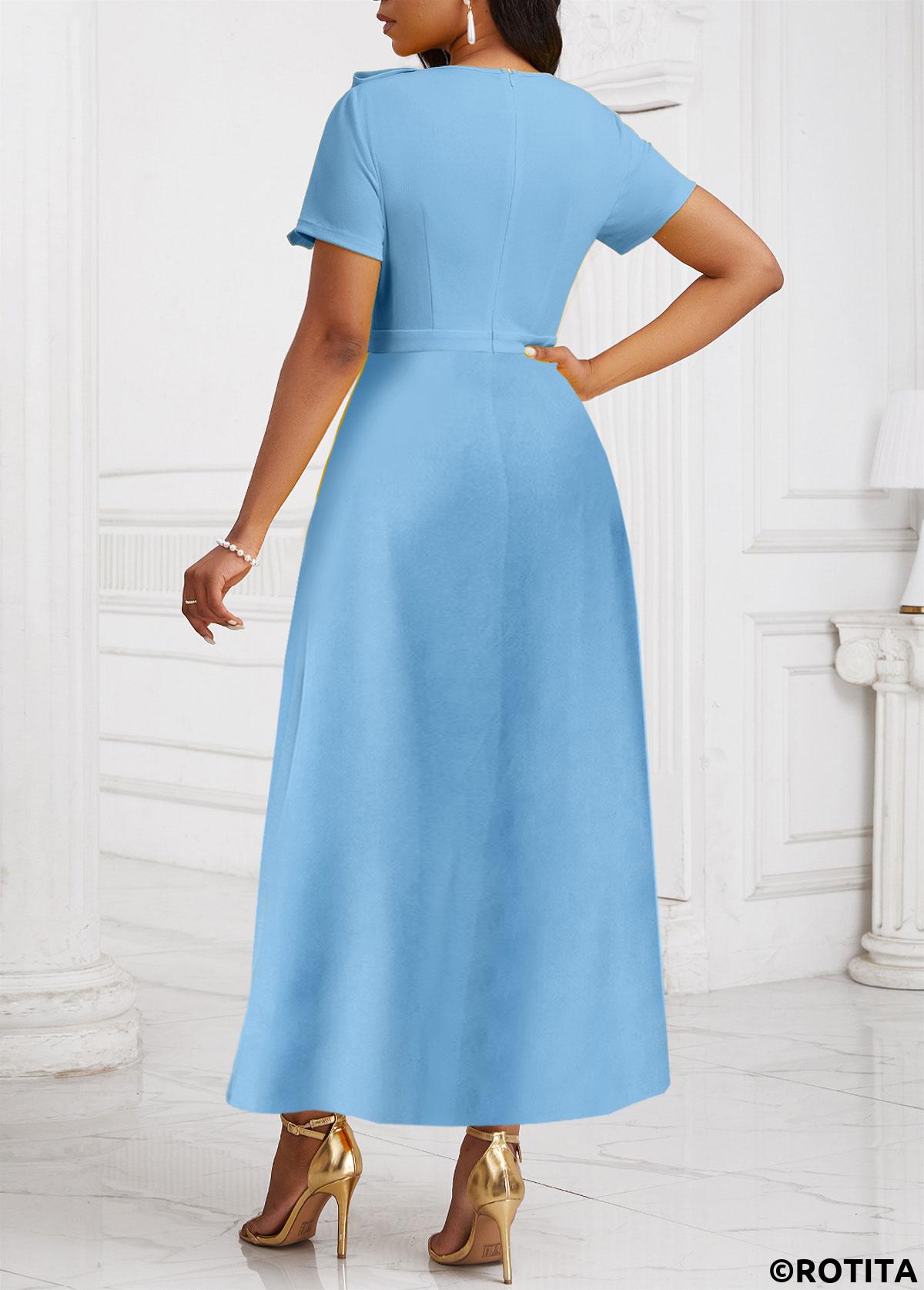 Light Blue dresses,Plain Color dresses,Party dresses,Elegant dresses,ROTITA Patchwork Light Blue High Low Asymmetrical Neck Dress