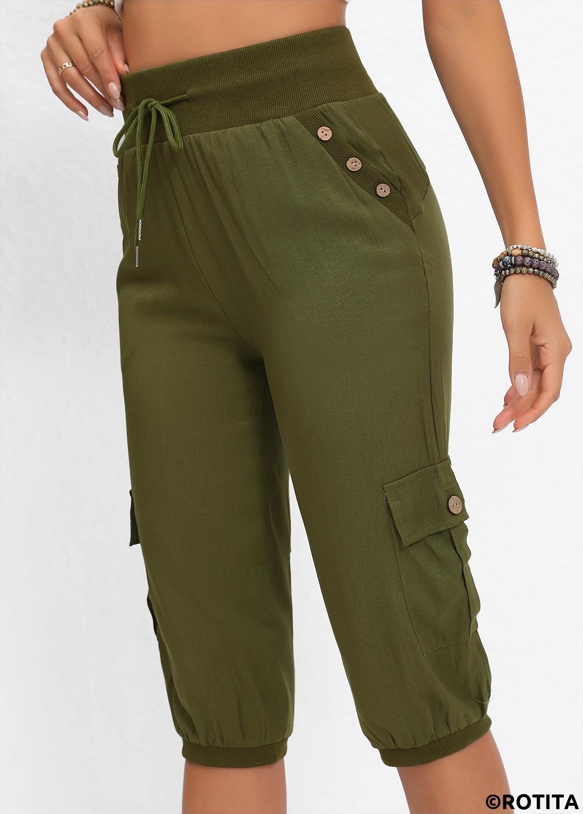 Olive Green bottoms,Plain Color bottoms,Pocket Jogger Elastic Waist High Waisted Olive Green Pants