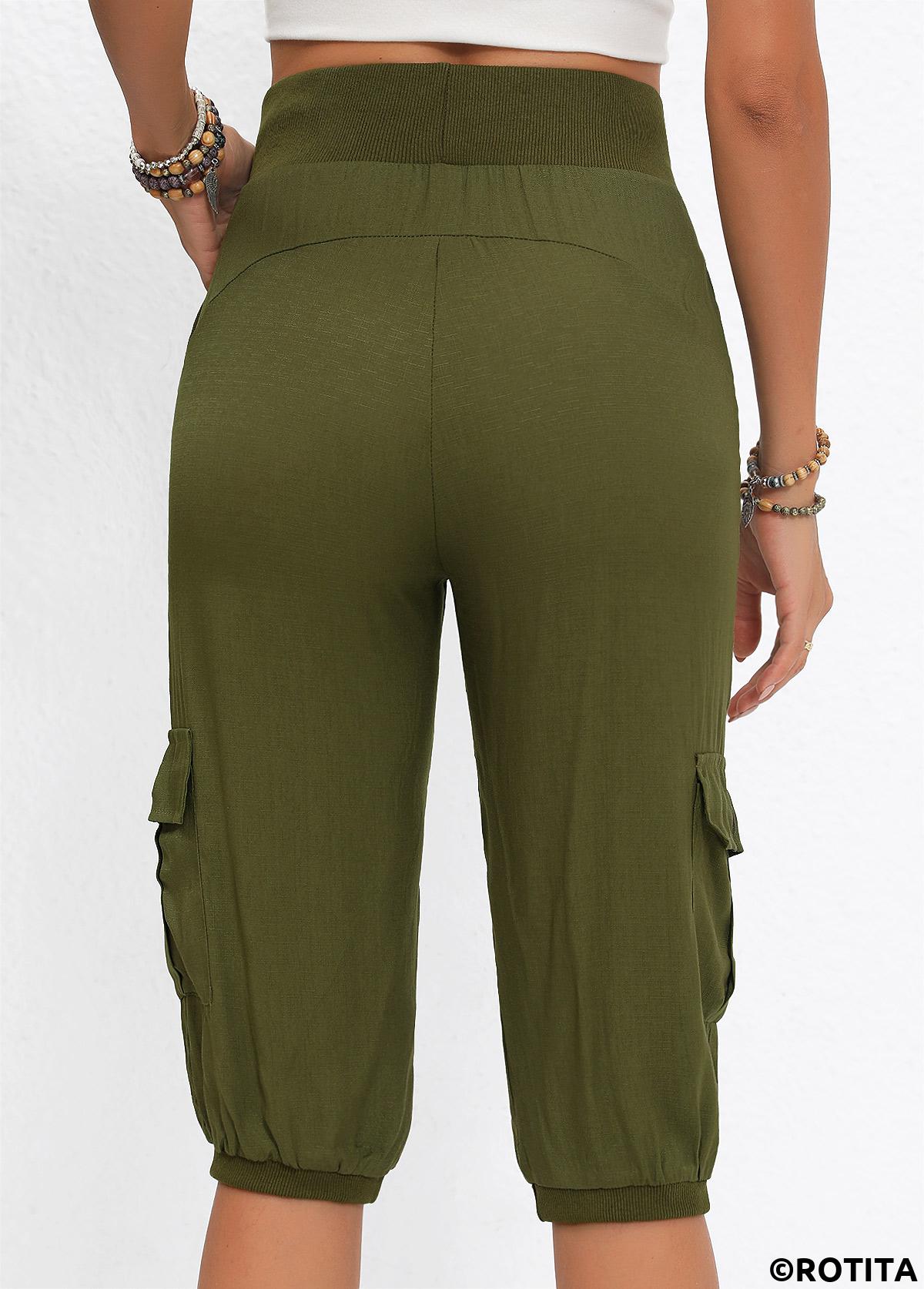 Olive Green bottoms,Plain Color bottoms,Pocket Jogger Elastic Waist High Waisted Olive Green Pants
