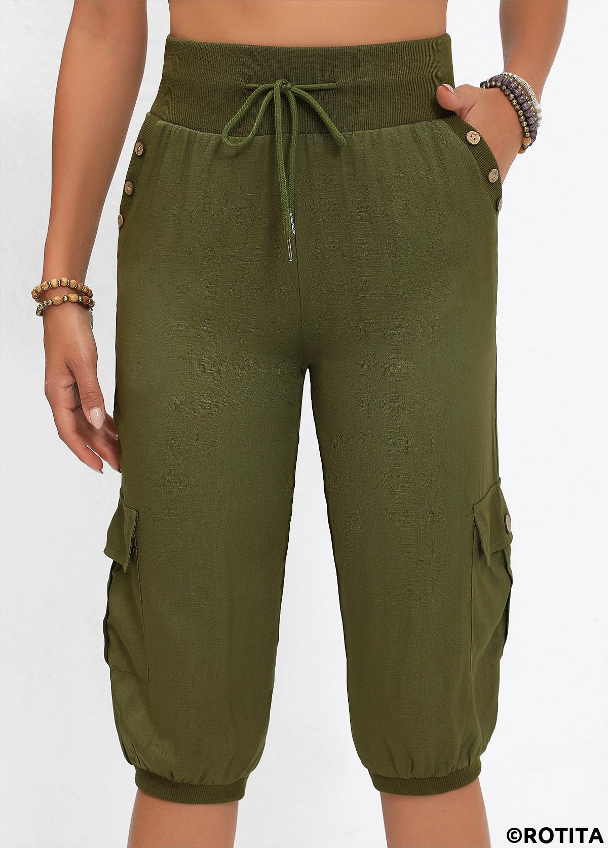 Olive Green bottoms,Plain Color bottoms,Pocket Jogger Elastic Waist High Waisted Olive Green Pants