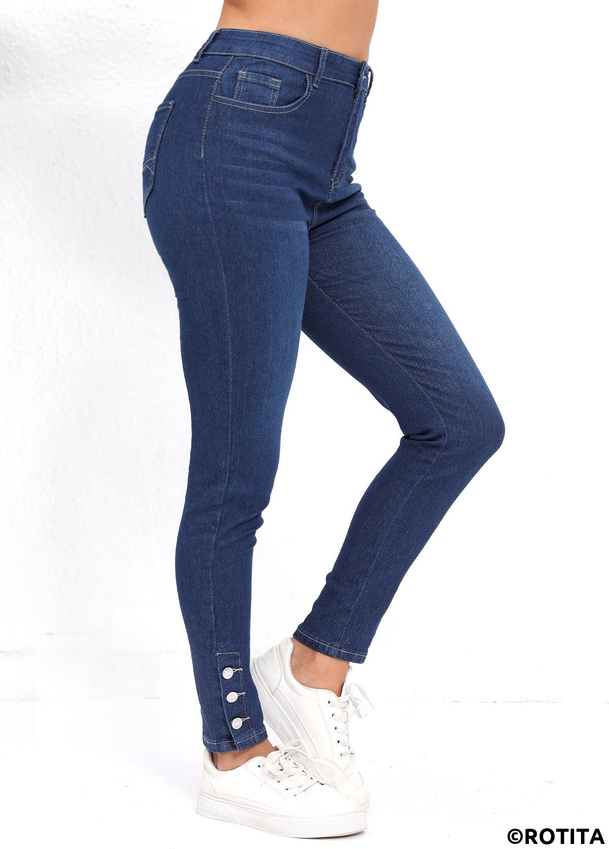 Denim Blue bottoms,Plain Color bottoms,Pocket Denim Blue Skinny Button Fly High Waisted Jeans