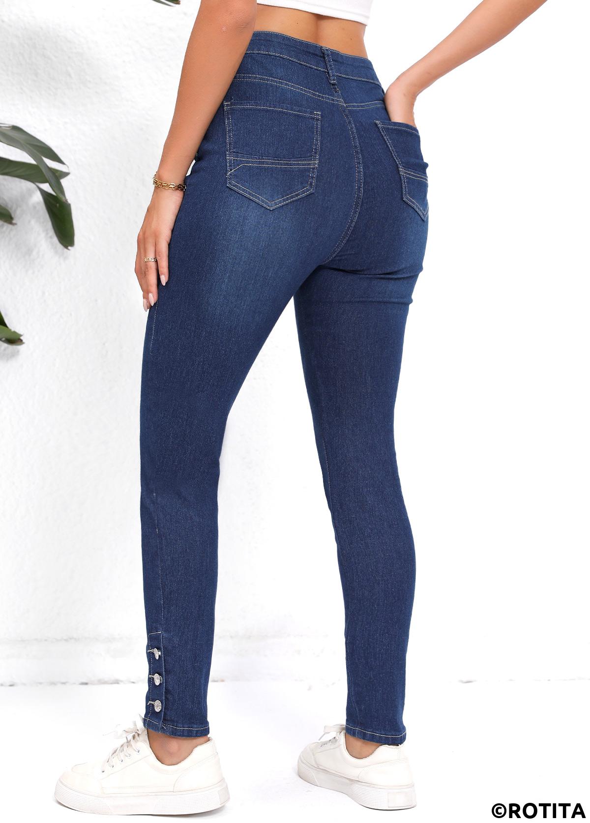 Denim Blue bottoms,Plain Color bottoms,Pocket Denim Blue Skinny Button Fly High Waisted Jeans
