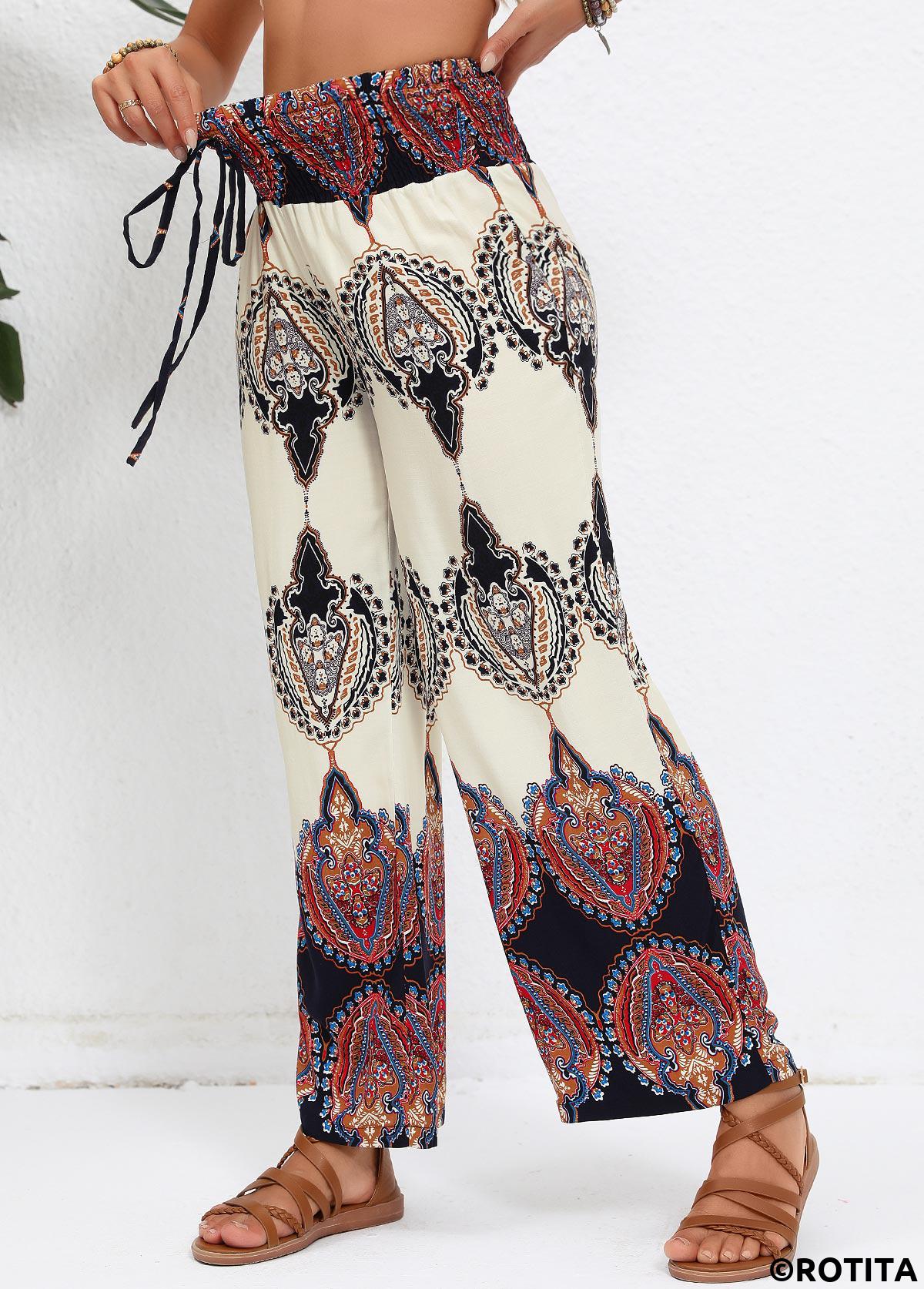 Beige bottoms,Tribal bottoms,Smocked Tribal Print Beige Elastic Waist High Waisted Pants
