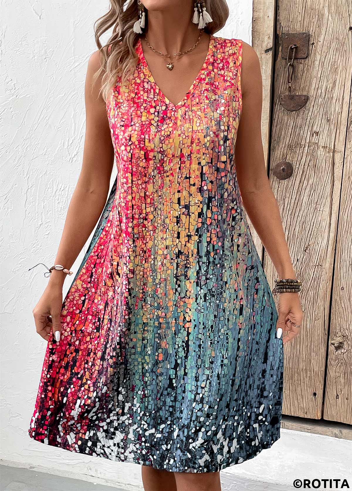 Coral plus size,Ombre plus size,ROTITA Plus Size Coral V Neck Sleeveless Dress