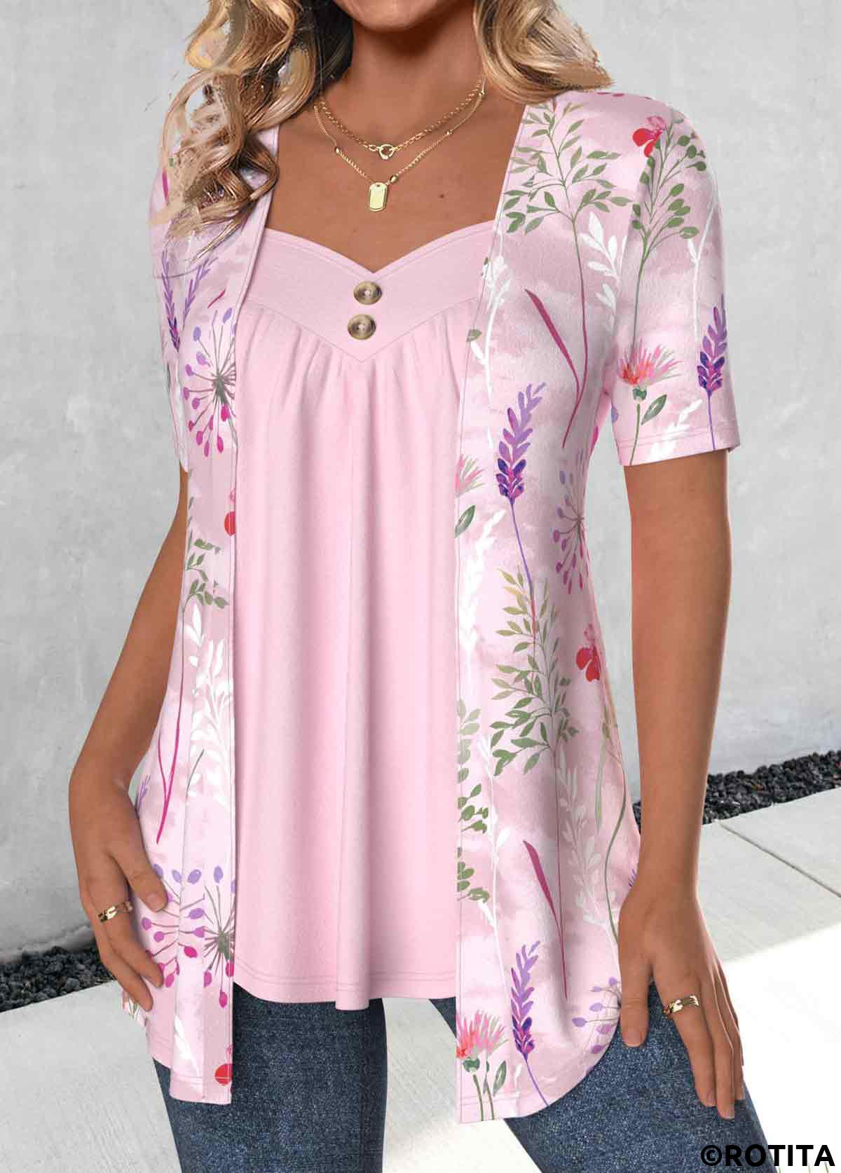 Pink tops,Floral tops,Plants tops,ROTITA Floral Print Pink Heart Collar Fake Two Piece Twinset