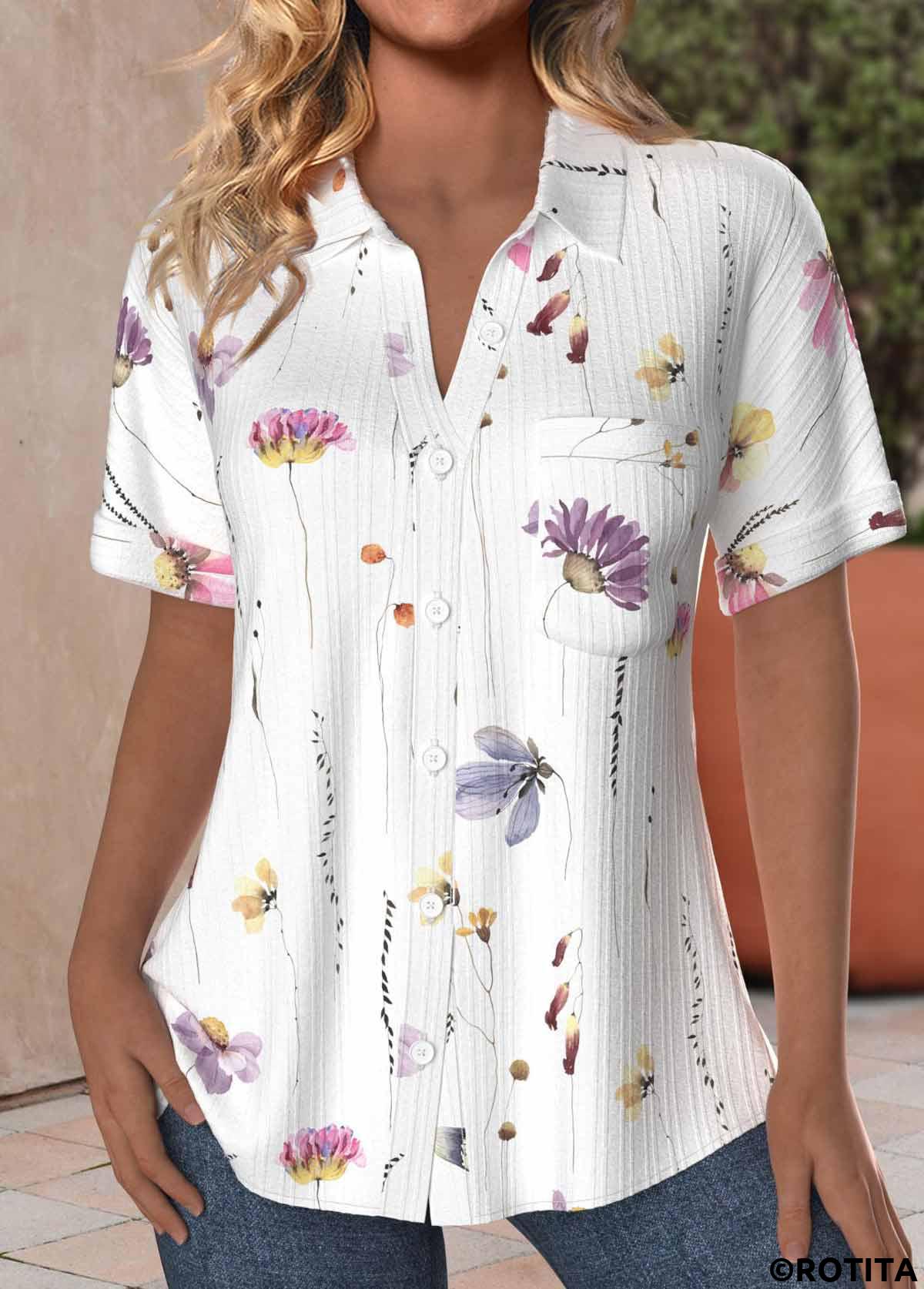 White tops,Floral tops,Plants tops,ROTITA Plus Size Textured Fabric White Floral Print Shirt