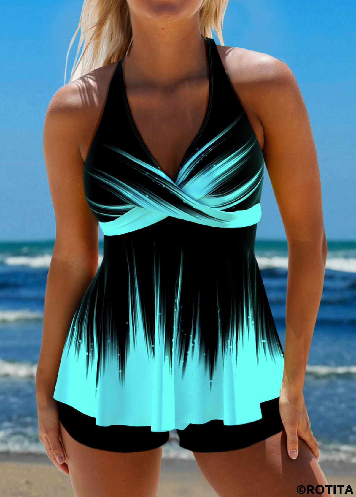 Cyan swimwear,Ombre swimwear,Striped swimwear,Geometric swimwear,ROTITA Surplice Tie Back Cyan Ombre Tankini Top
