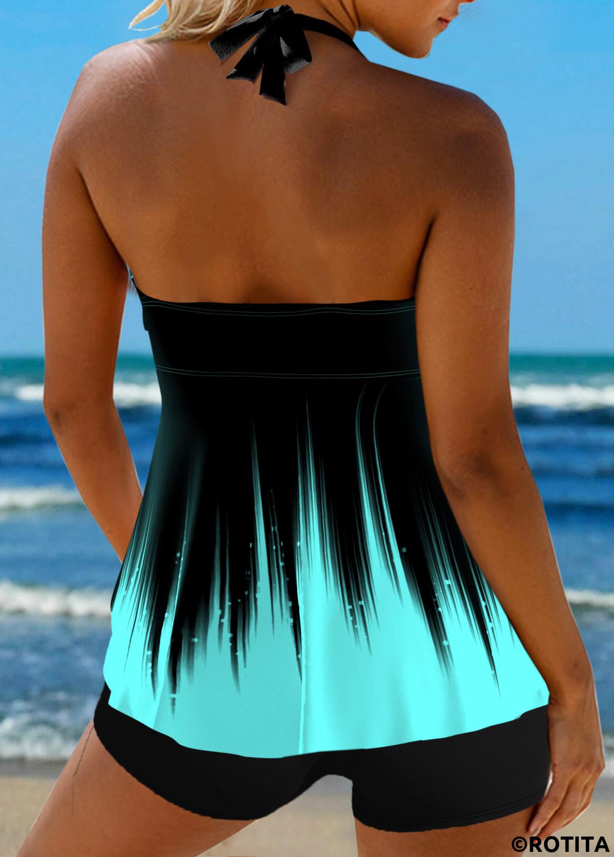 Cyan swimwear,Ombre swimwear,Striped swimwear,Geometric swimwear,ROTITA Surplice Tie Back Cyan Ombre Tankini Top