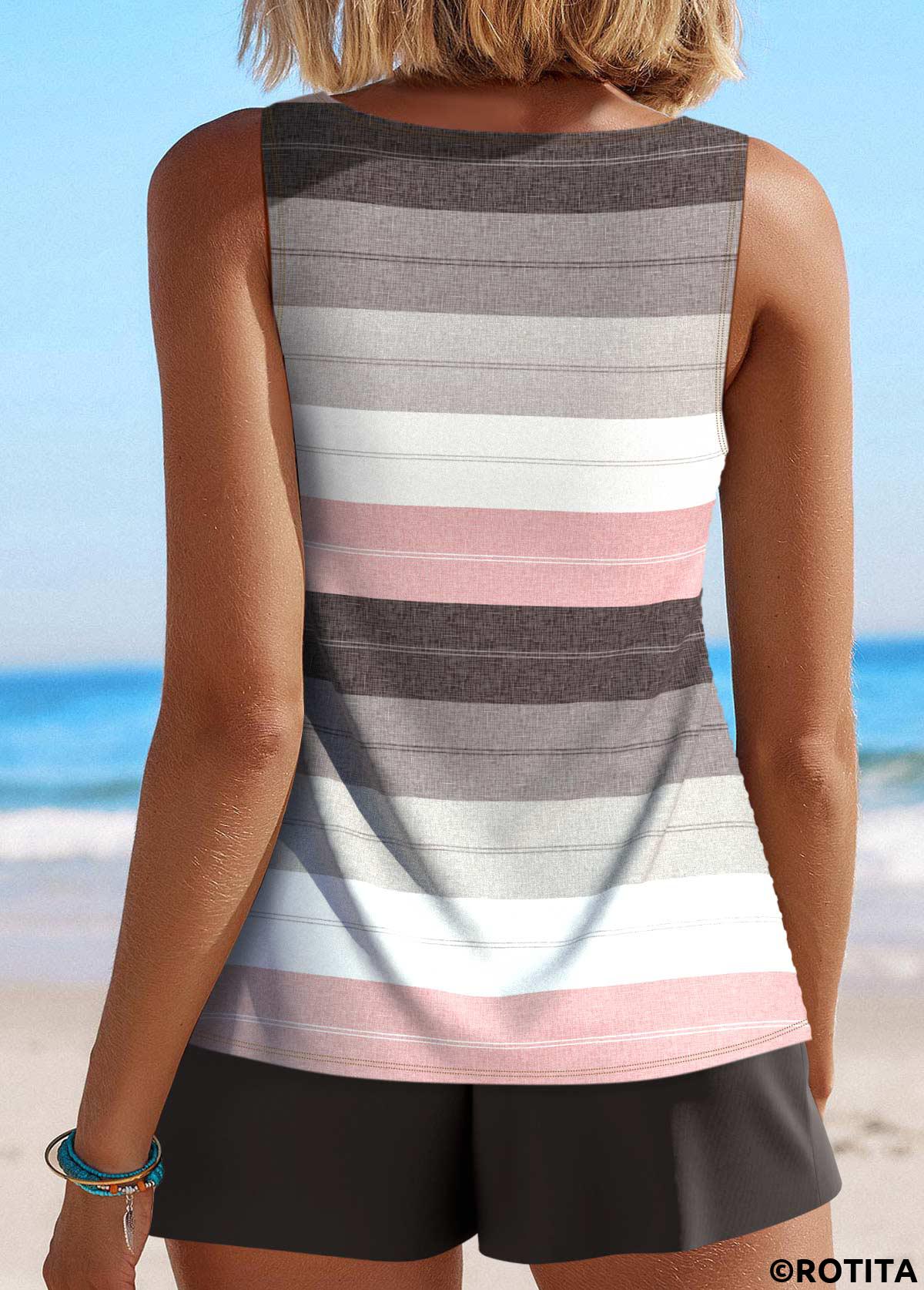 Multi Color swimwear,Striped swimwear,Geometric swimwear,ROTITA Cut Out Multi Color Tankini Set
