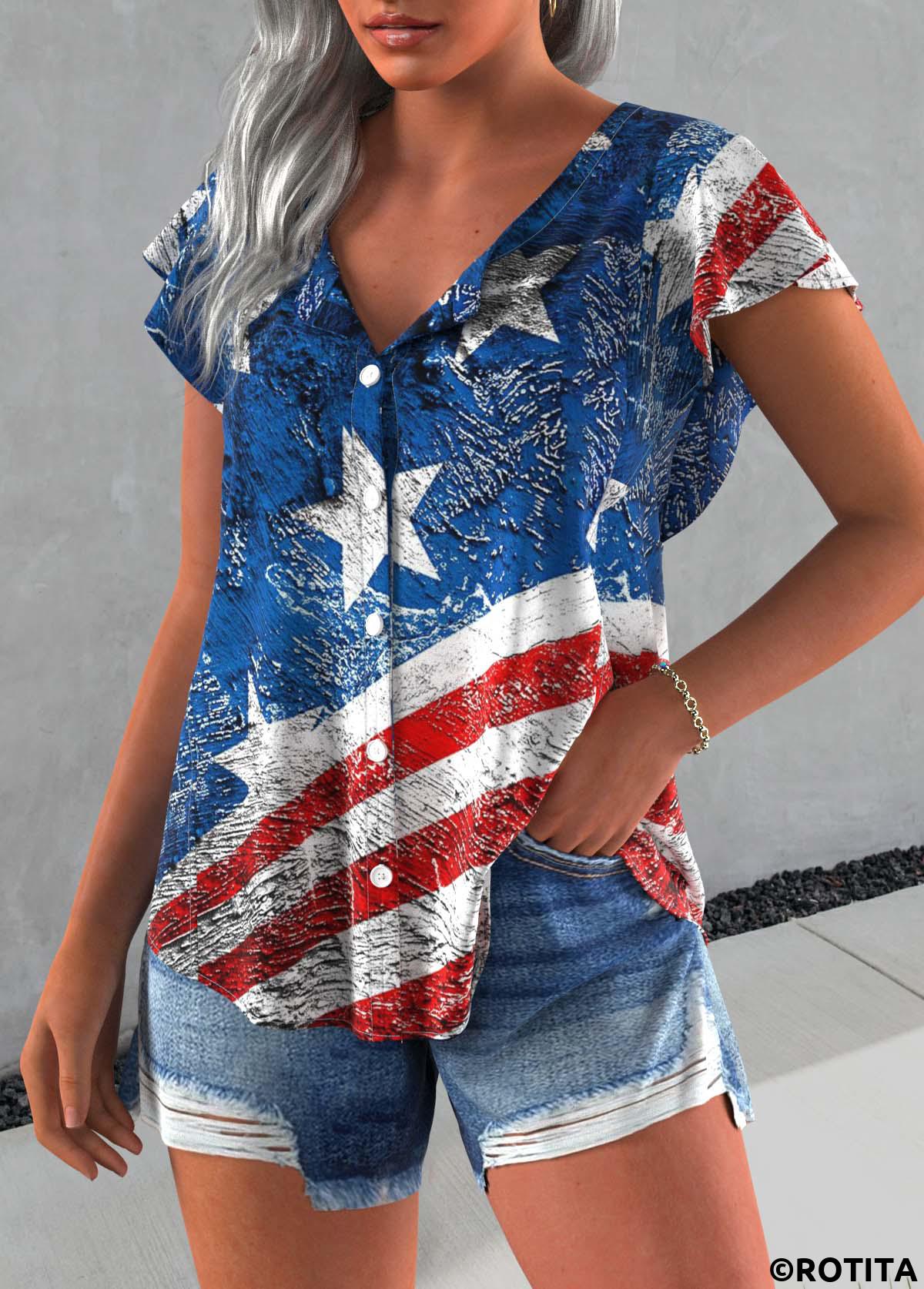 Blue tops,Flag tops,ROTITA Button Flag Print Blue Round Neck Short Sleeve Blouse