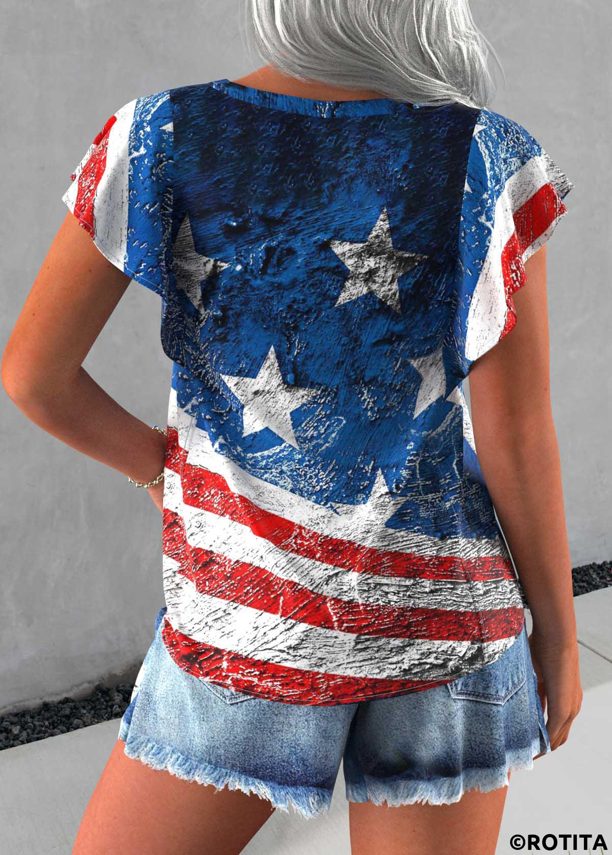 Blue tops,Flag tops,ROTITA Button Flag Print Blue Round Neck Short Sleeve Blouse