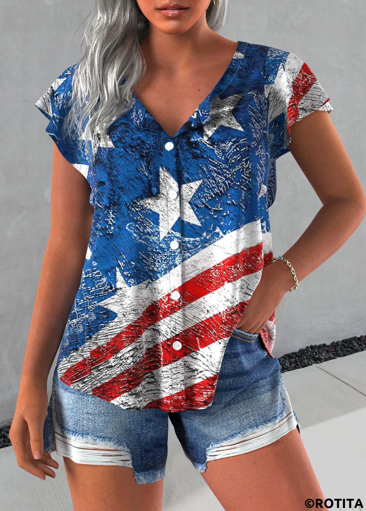 Blue tops,Flag tops,ROTITA Button Flag Print Blue Round Neck Short Sleeve Blouse