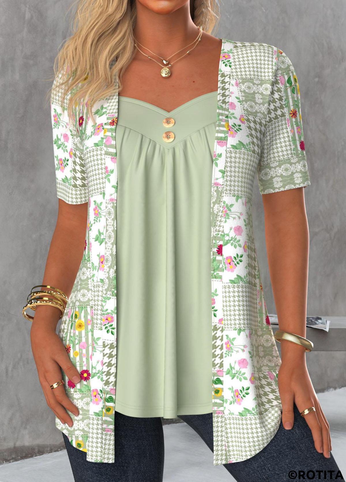 Sage Green tops,Floral tops,Plants tops,Striped tops,Houndstooth tops,ROTITA Floral Print Sage Green Fake Two Piece Twinset
