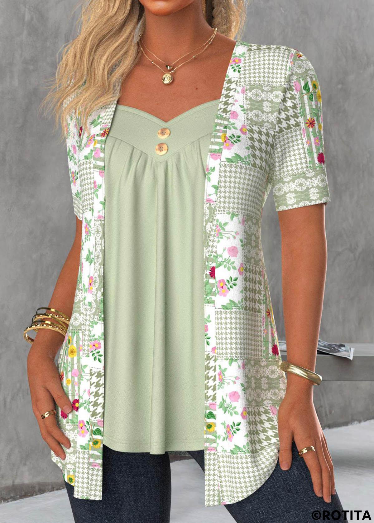 Sage Green tops,Floral tops,Plants tops,Striped tops,Houndstooth tops,ROTITA Floral Print Sage Green Fake Two Piece Twinset