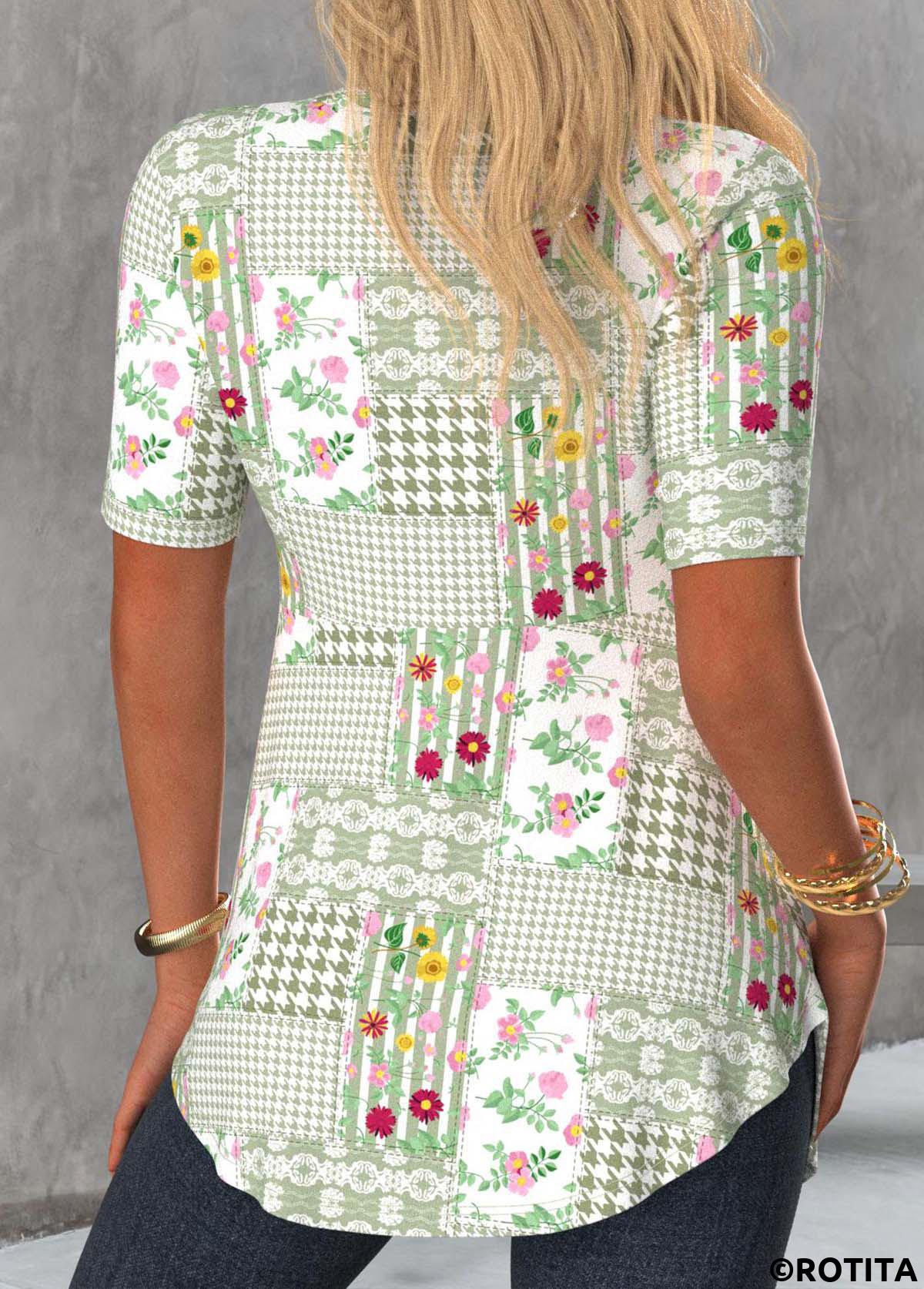 Sage Green tops,Floral tops,Plants tops,Striped tops,Houndstooth tops,ROTITA Floral Print Sage Green Fake Two Piece Twinset