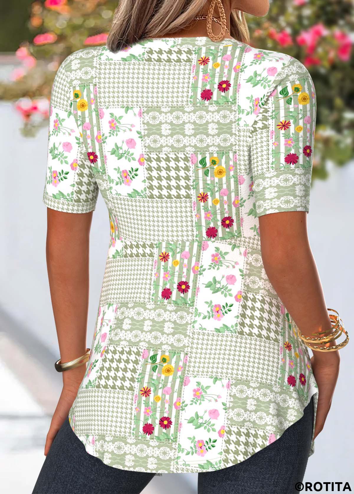 Sage Green tops,Floral tops,Plants tops,Striped tops,Houndstooth tops,ROTITA Floral Print Sage Green Fake Two Piece Twinset