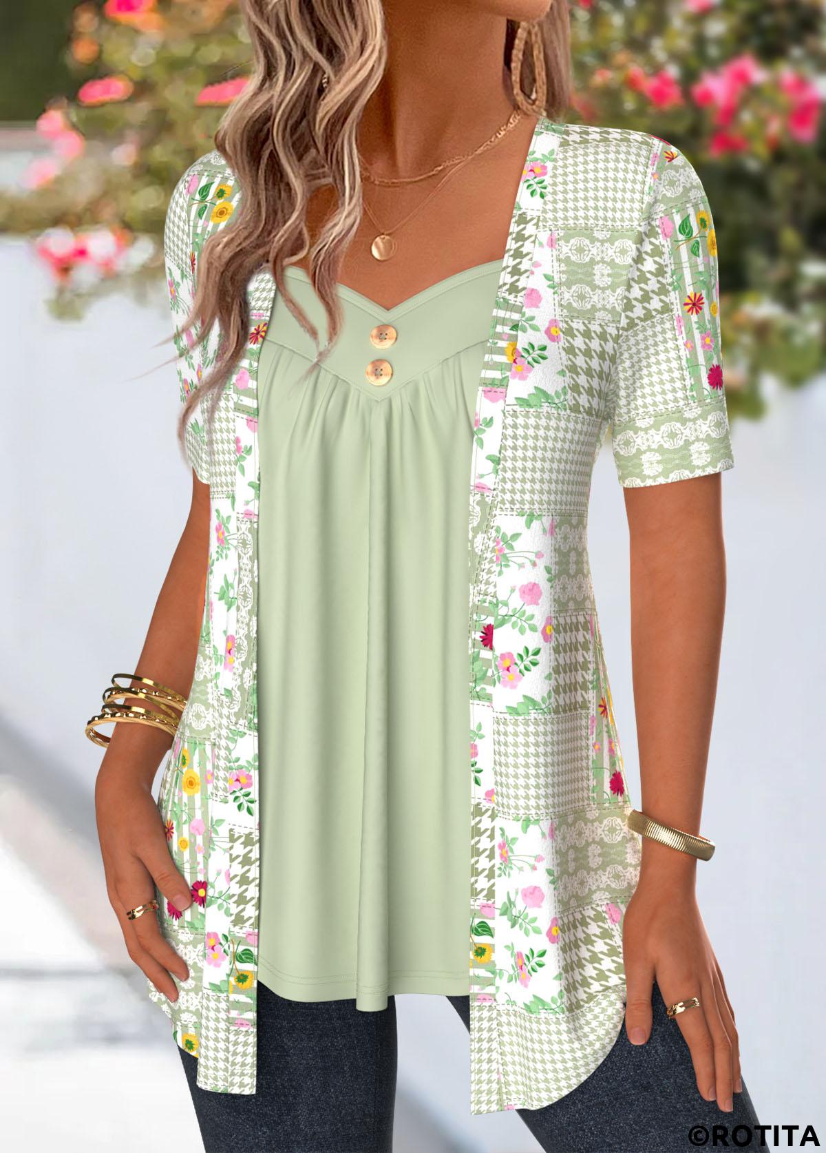 Sage Green tops,Floral tops,Plants tops,Striped tops,Houndstooth tops,ROTITA Floral Print Sage Green Fake Two Piece Twinset