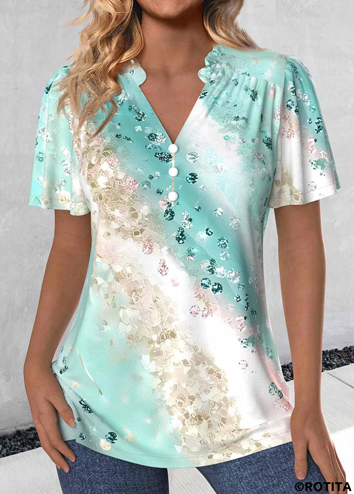 Mint Green tops,Ombre tops,ROTITA Plus Size Split Mint Green Ombre V Neck Blouse