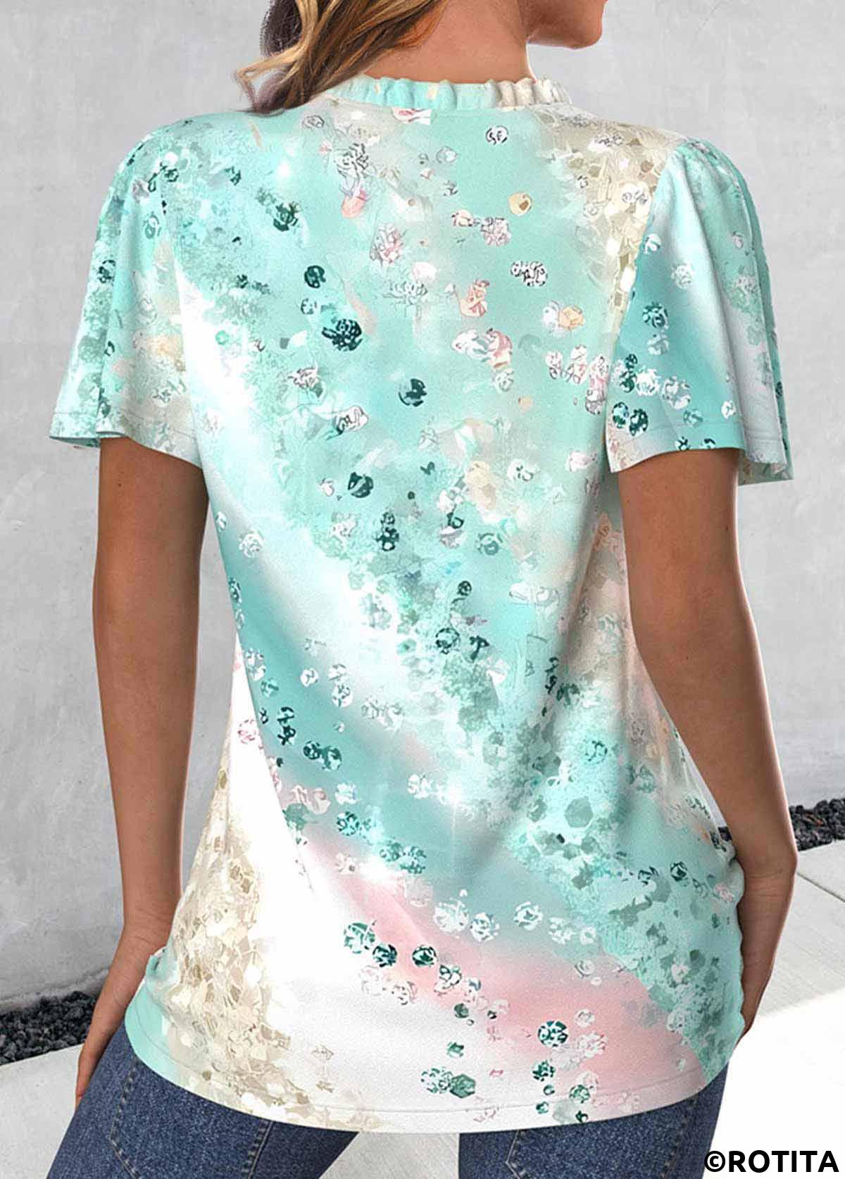 Mint Green tops,Ombre tops,ROTITA Plus Size Split Mint Green Ombre V Neck Blouse