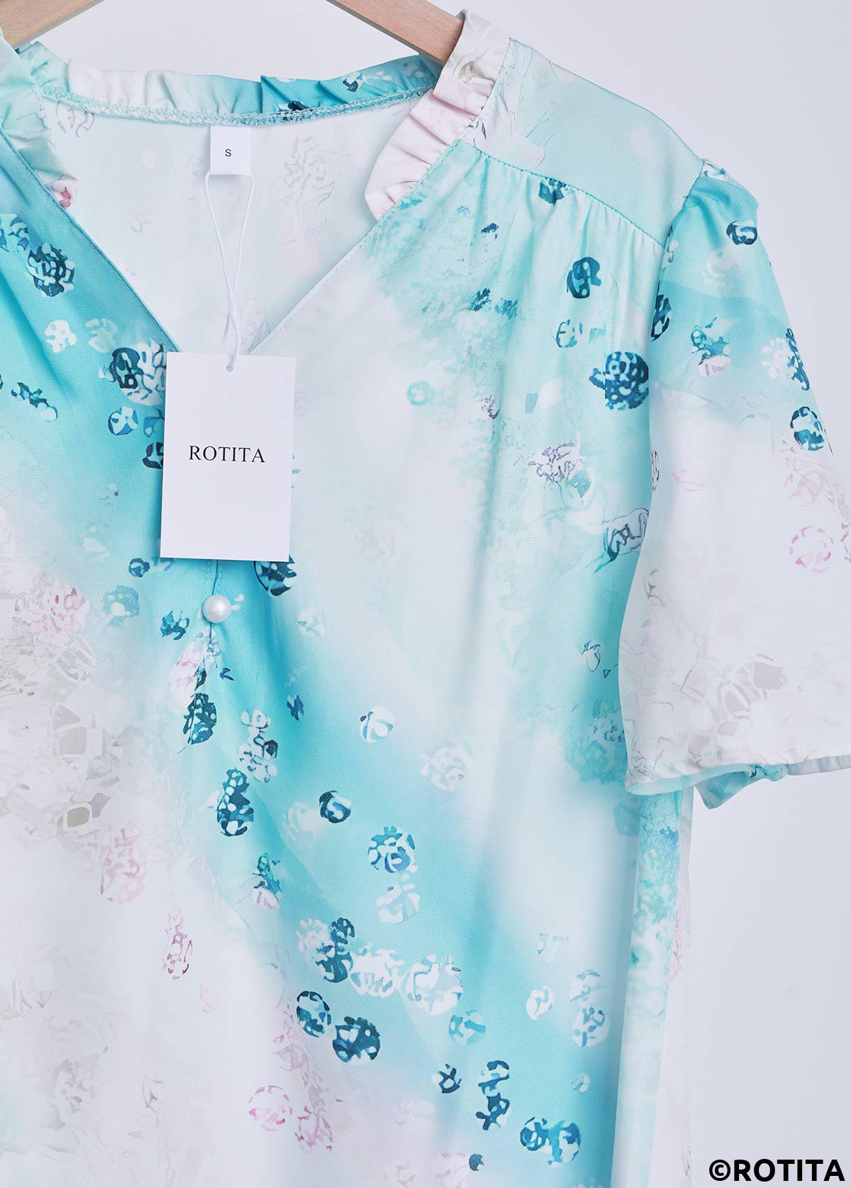 Mint Green tops,Ombre tops,ROTITA Plus Size Split Mint Green Ombre V Neck Blouse